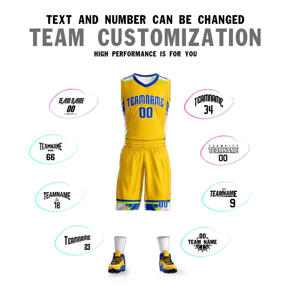 Custom Gold Royal-White Graffiti Pattern Kits Basketball Jersey