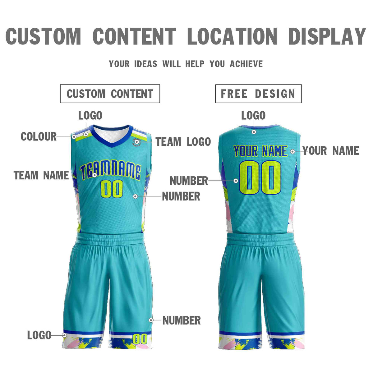 Custom Teal Royal-White Graffiti Pattern Kits Basketball Jersey