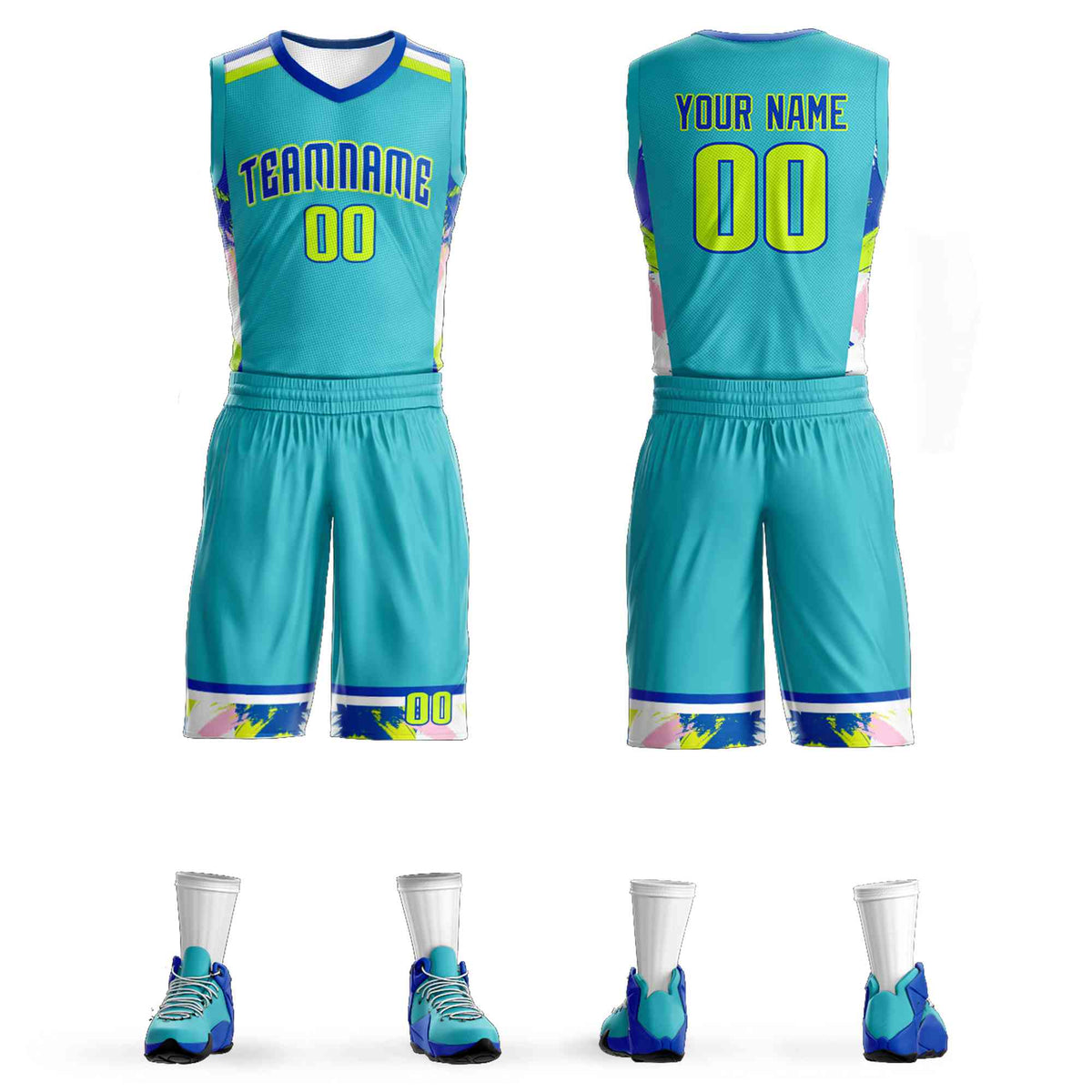 Custom Teal Royal-White Graffiti Pattern Kits Basketball Jersey
