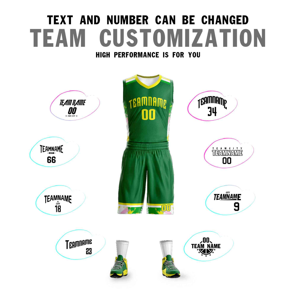 Custom Kelly Green Gold Graffiti Pattern Kits Basketball Jersey