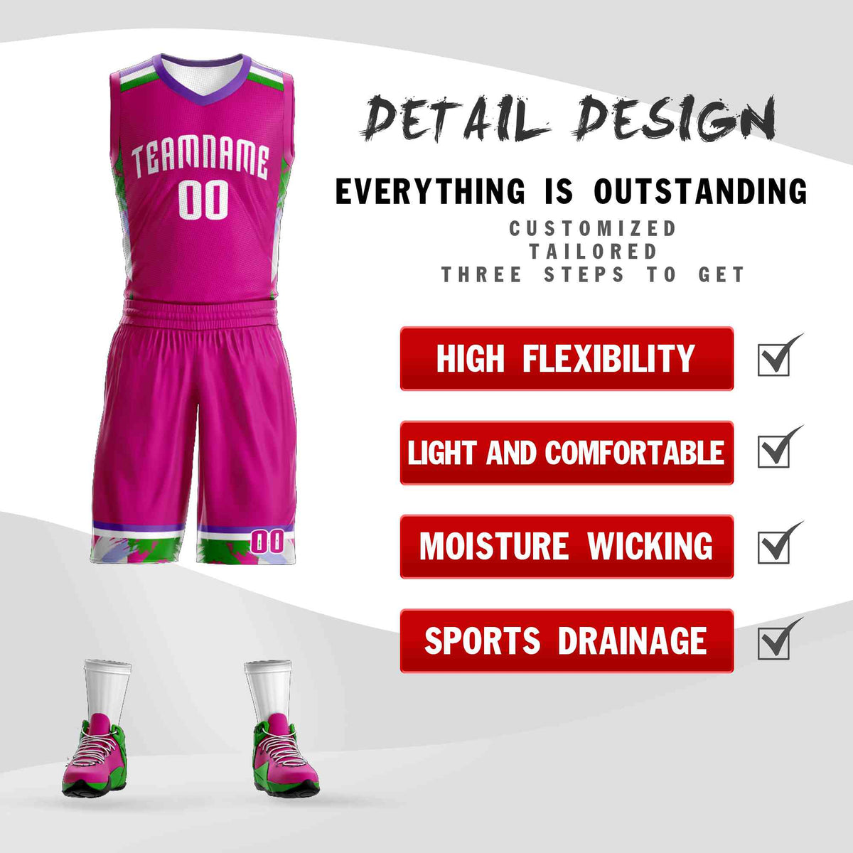 Custom Rose Pink White Graffiti Pattern Kits Basketball Jersey