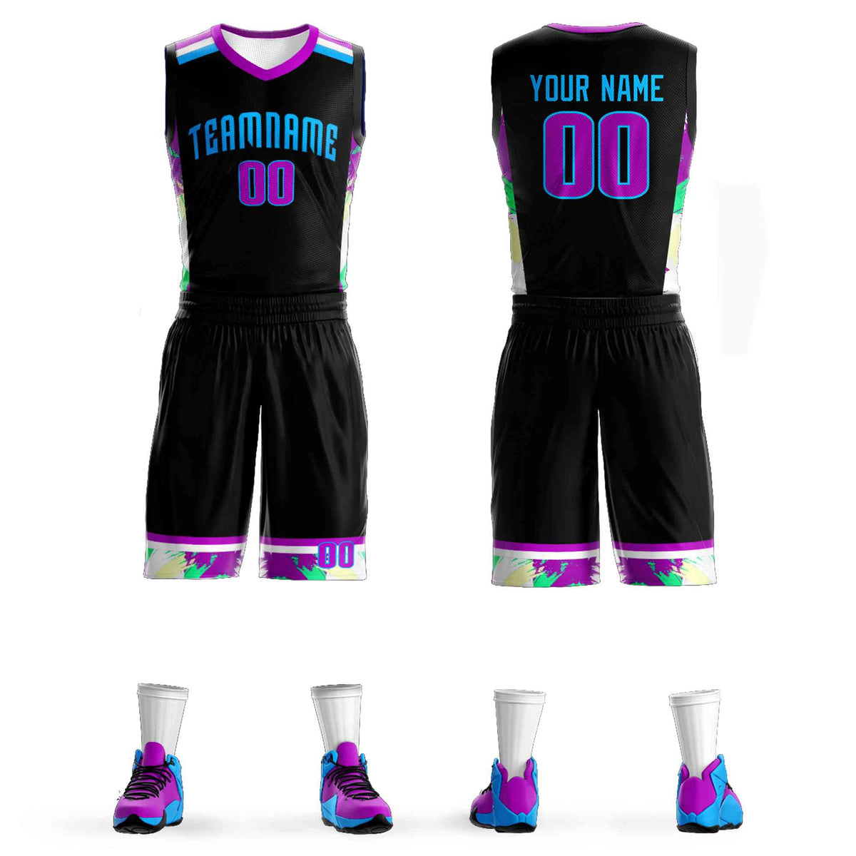 Custom Black Powder Blue Graffiti Pattern Kits Basketball Jersey