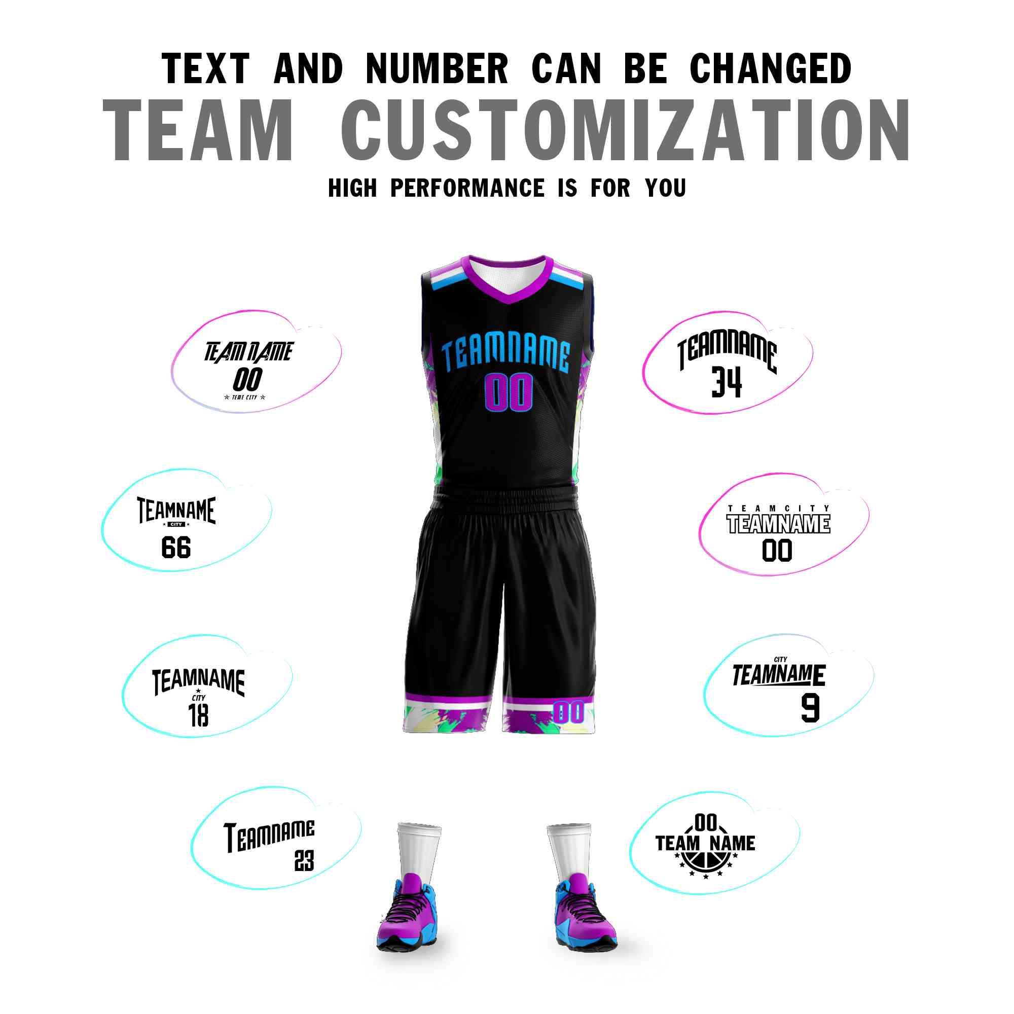 Custom Black Powder Blue Graffiti Pattern Kits Basketball Jersey