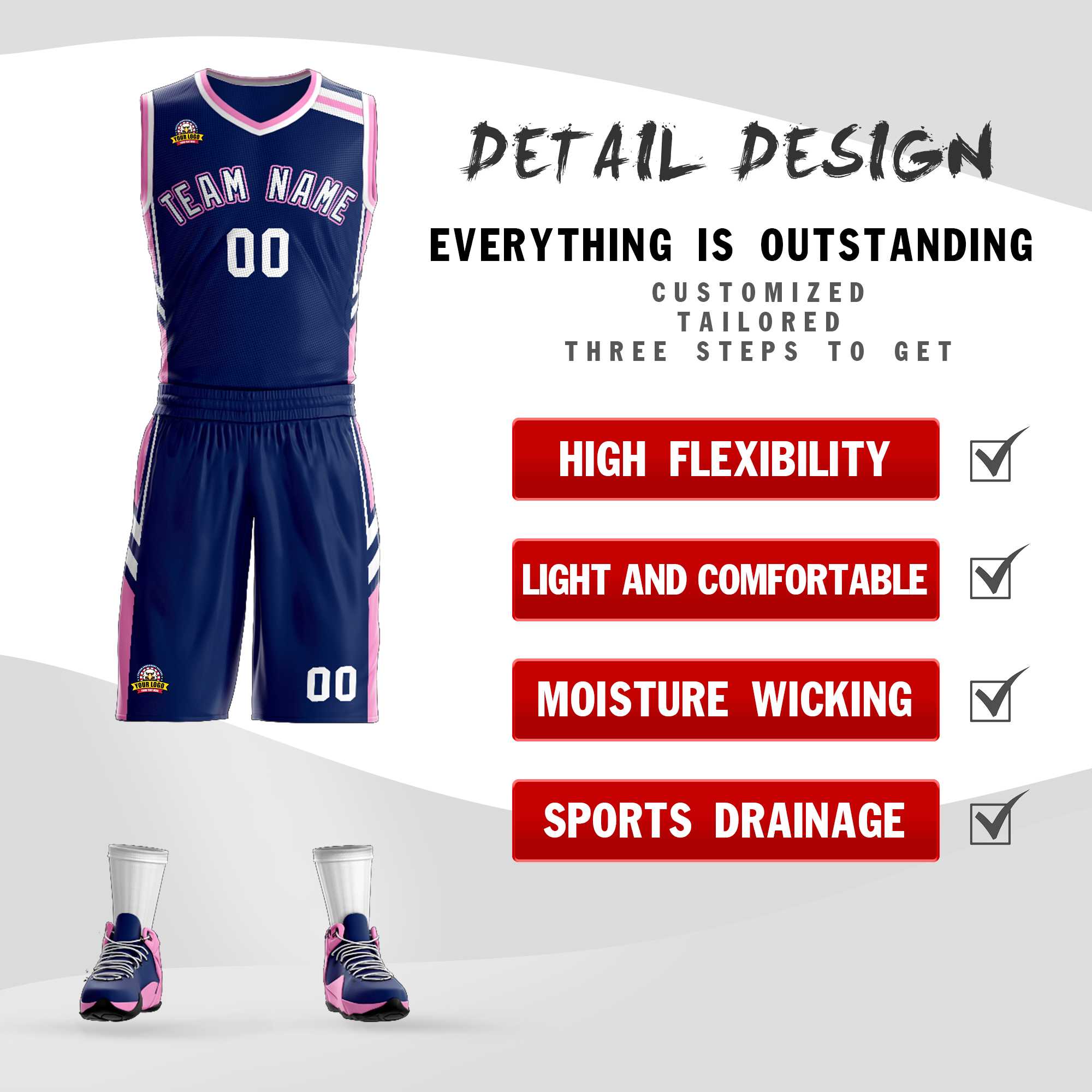Custom Navy White Pink Classic Kits Mesh Basketball Jersey