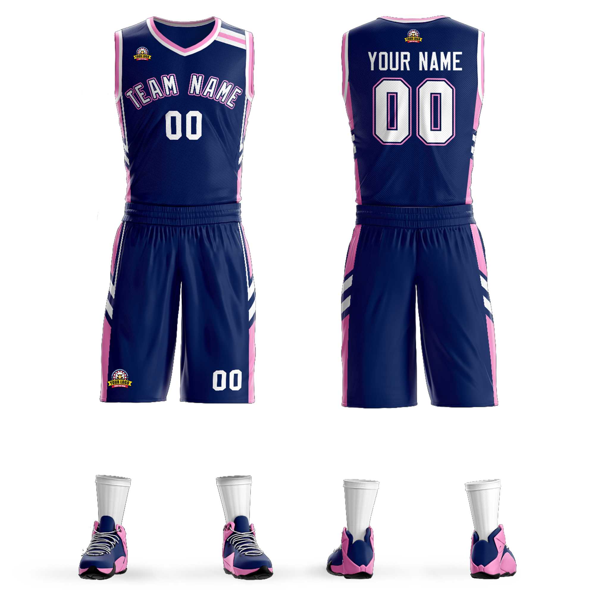 Custom Navy White Pink Classic Kits Mesh Basketball Jersey