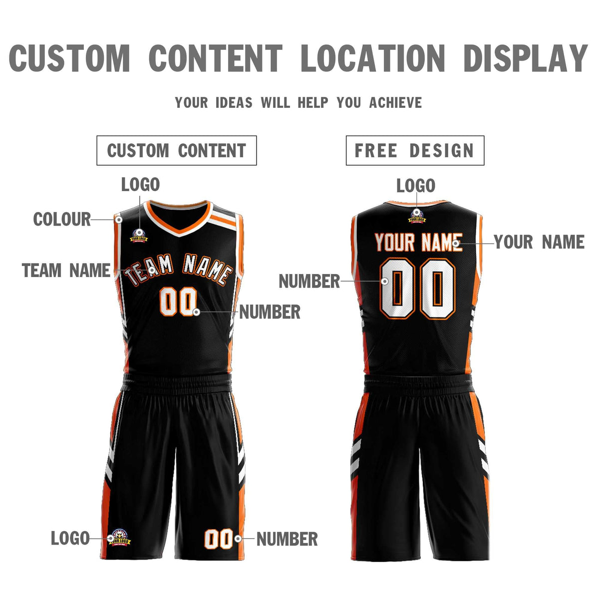 Custom Black White Orange Classic Kits Mesh Basketball Jersey