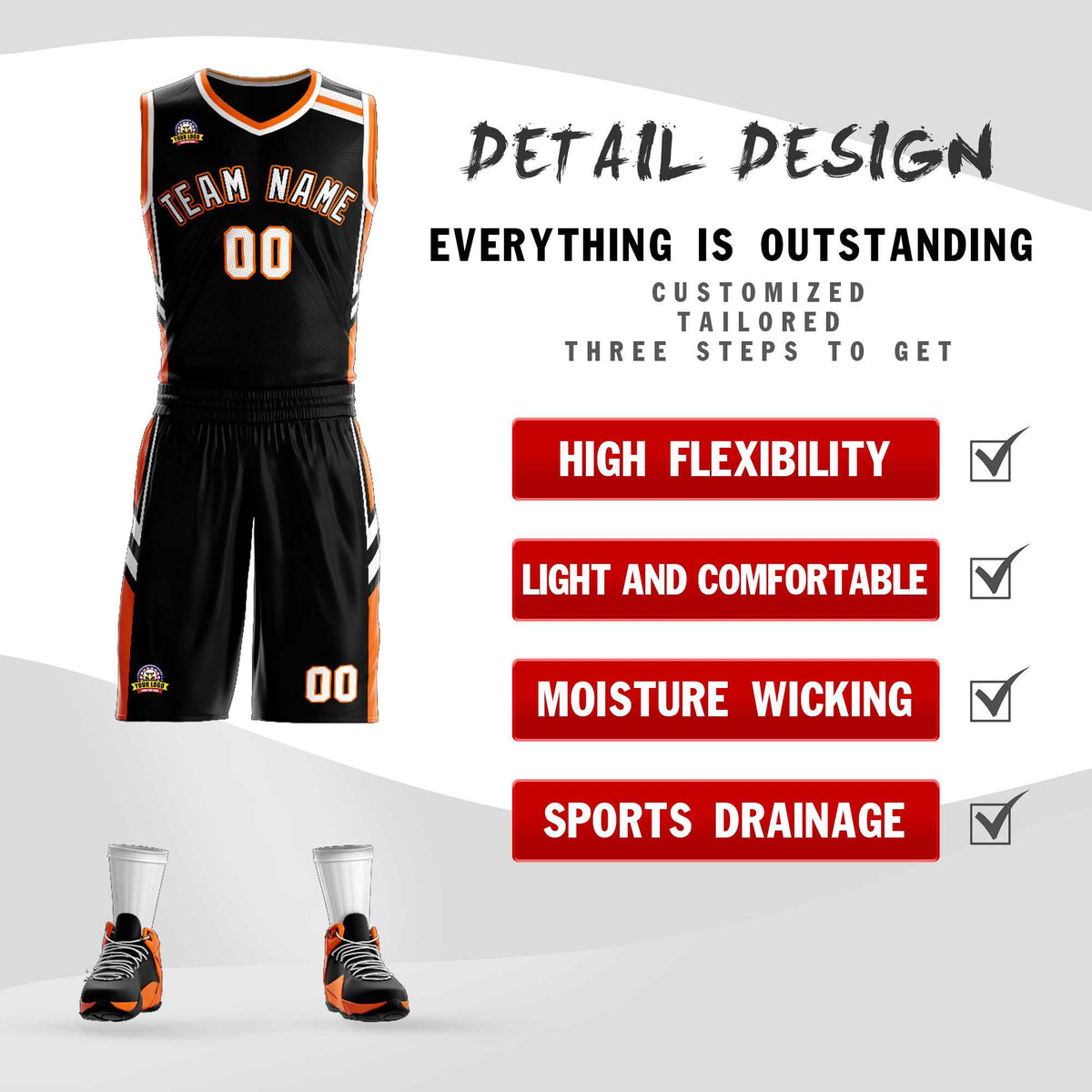 Custom Black White Orange Classic Kits Mesh Basketball Jersey