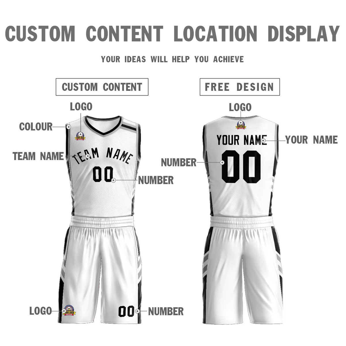 Custom White Black Classic Kits Mesh Basketball Jersey