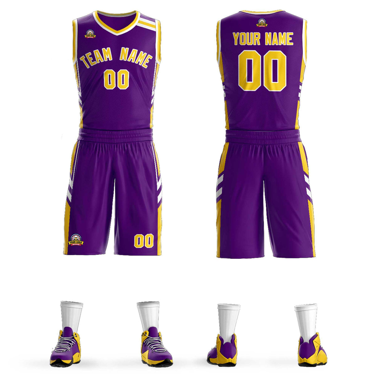 Custom Purple Gold White Classic Kits Mesh Basketball Jersey