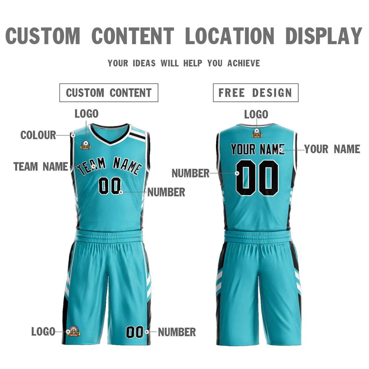 Custom Teal Black White Classic Kits Mesh Basketball Jersey