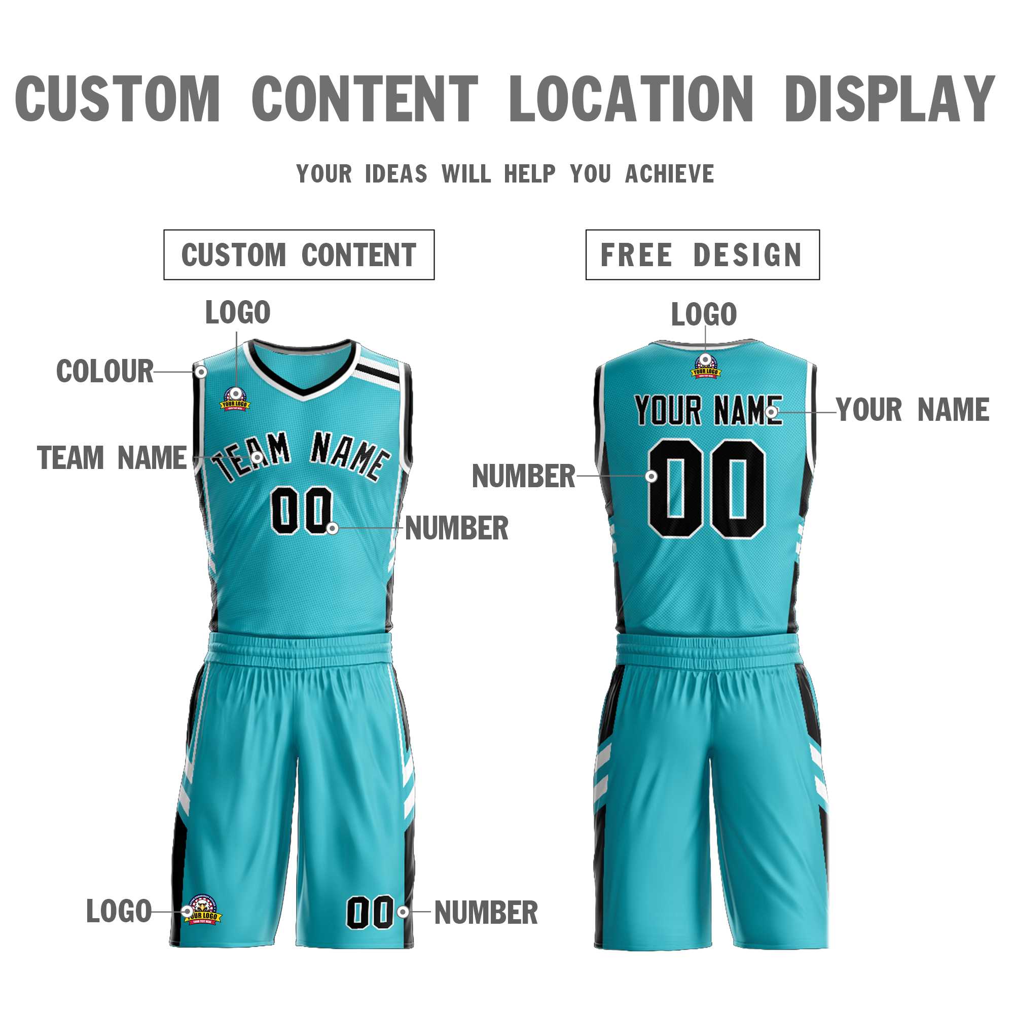Custom Teal Black White Classic Kits Mesh Basketball Jersey