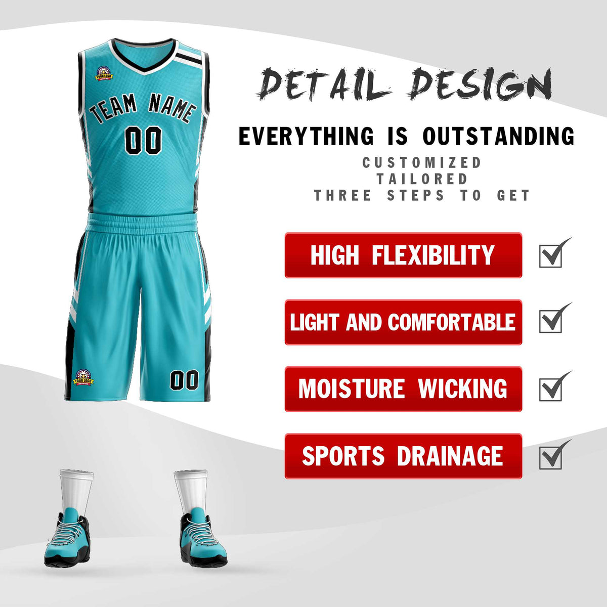 Custom Teal Black White Classic Kits Mesh Basketball Jersey