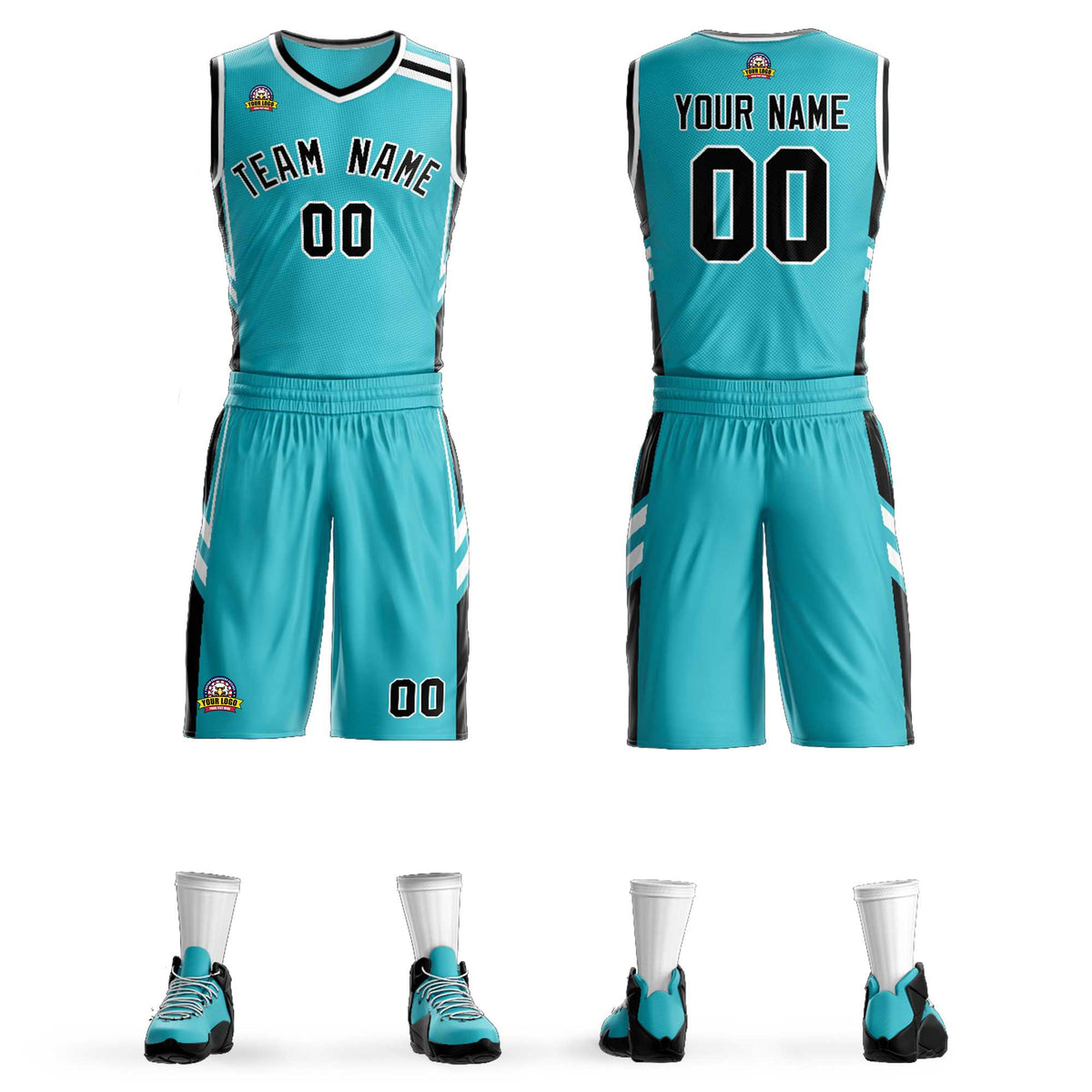 Custom Teal Black White Classic Kits Mesh Basketball Jersey