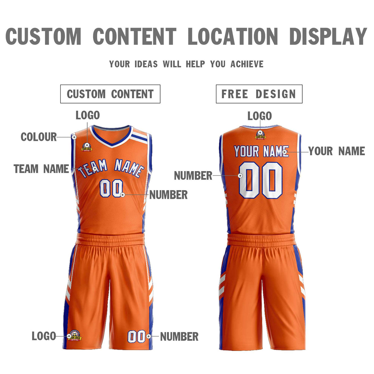 Custom Orange White Royal Classic Kits Mesh Basketball Jersey