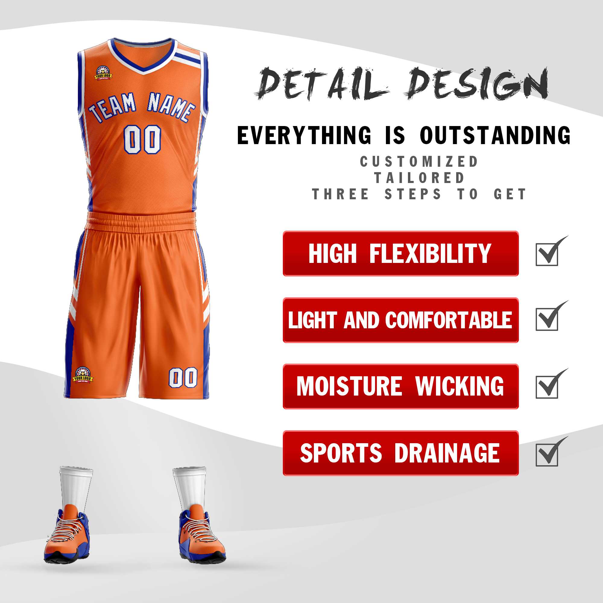 Custom Orange White Royal Classic Kits Mesh Basketball Jersey