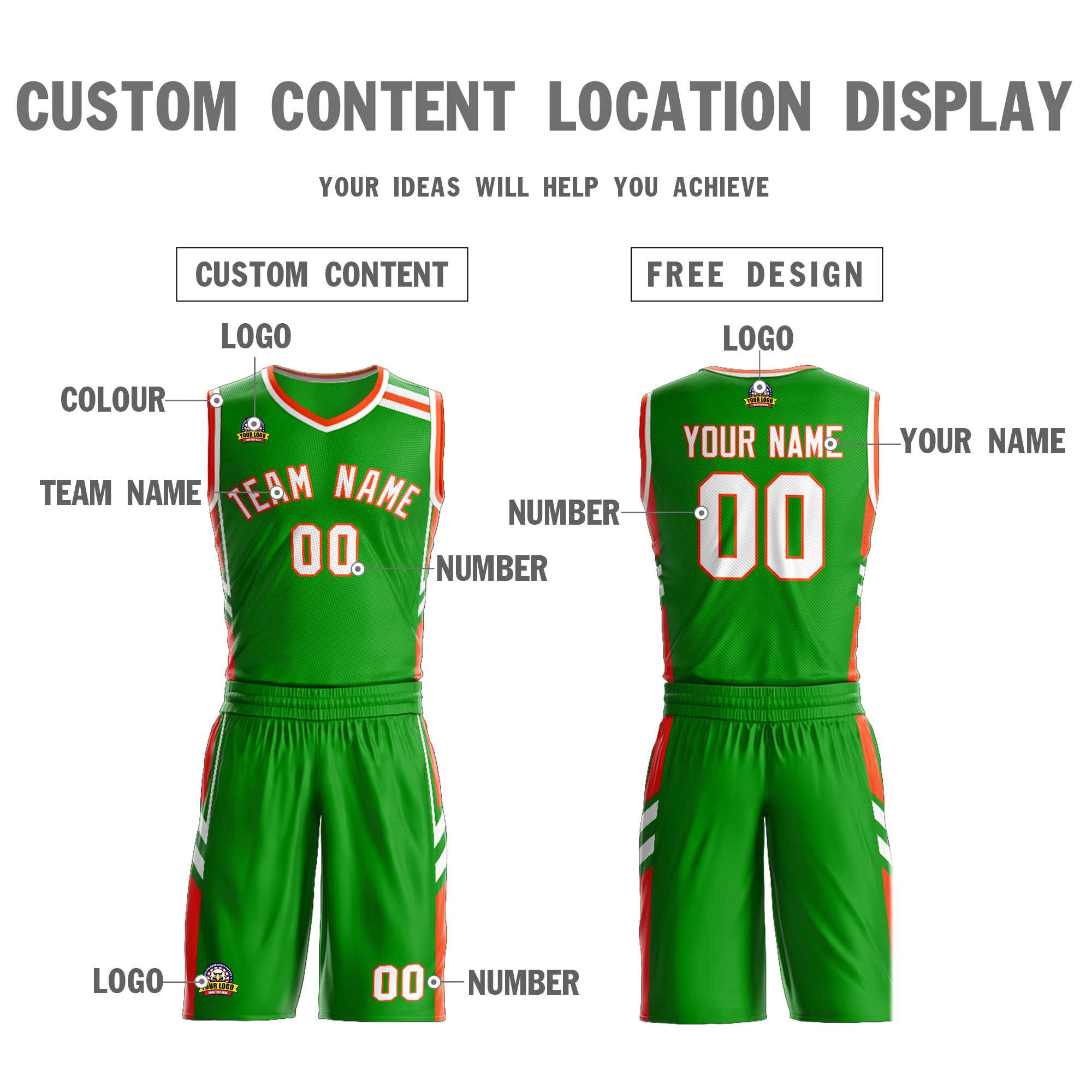 Custom Green Orange White Classic Kits Mesh Basketball Jersey