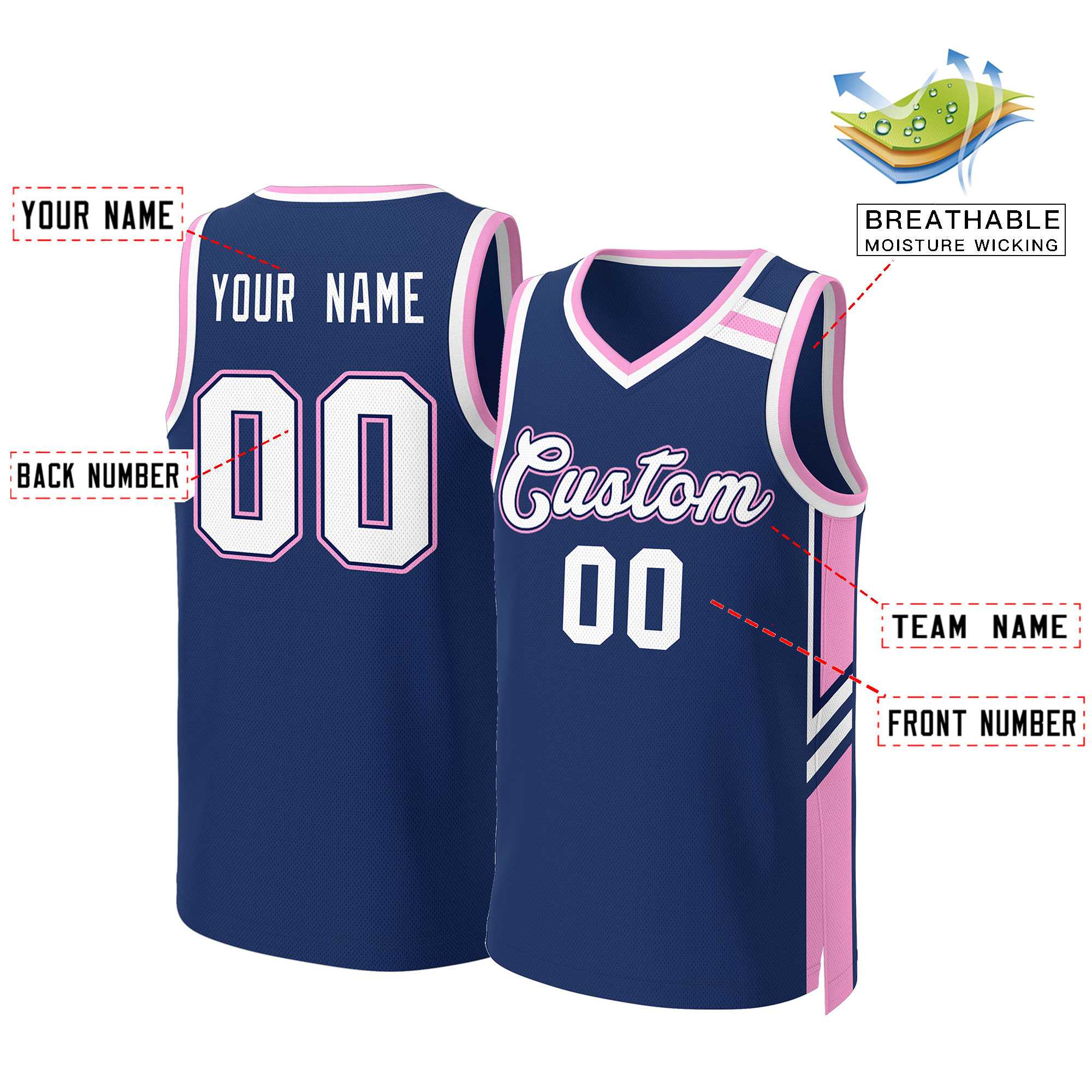 Maillot de basket-ball classique personnalisé bleu marine, blanc et rose