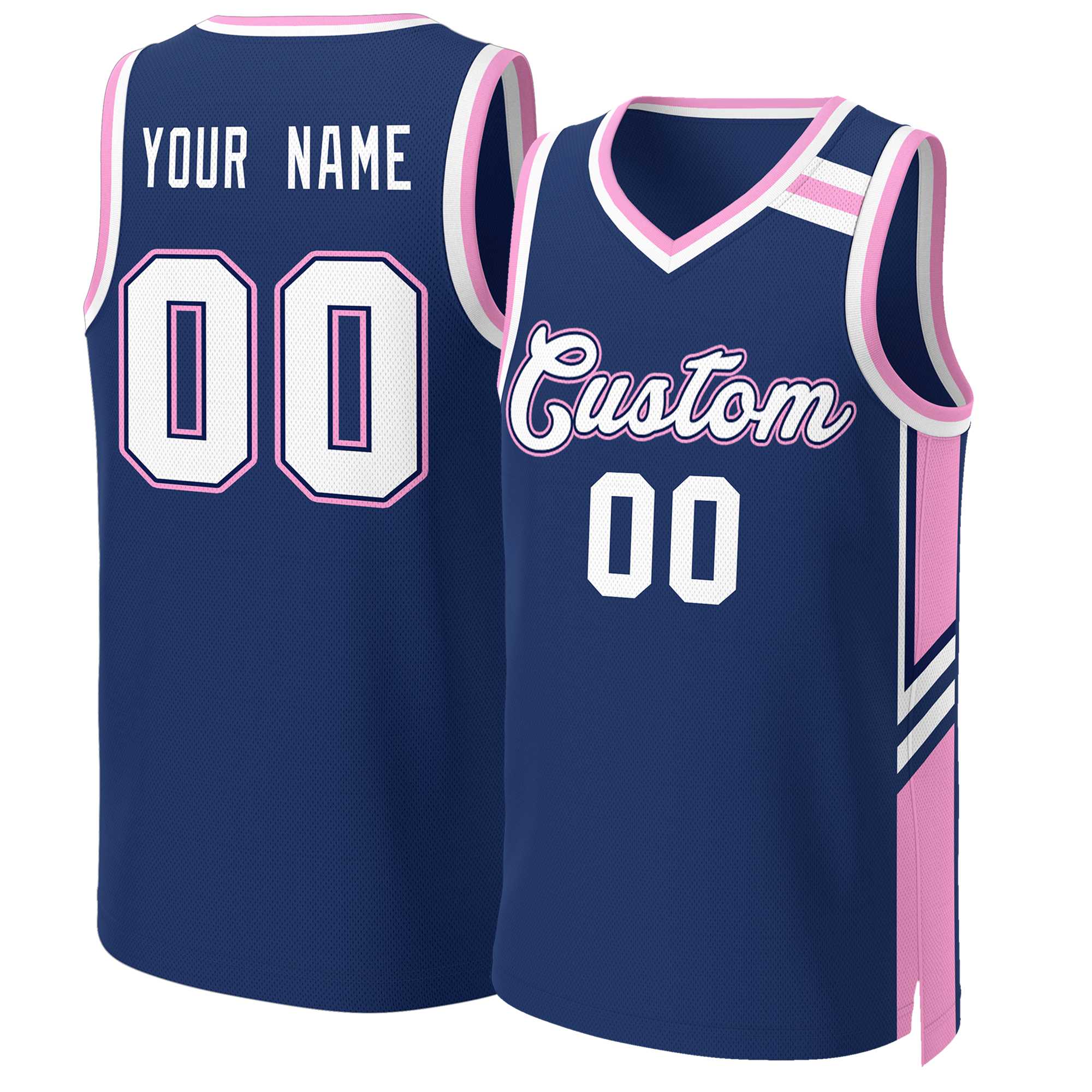 Maillot de basket-ball classique personnalisé bleu marine, blanc et rose