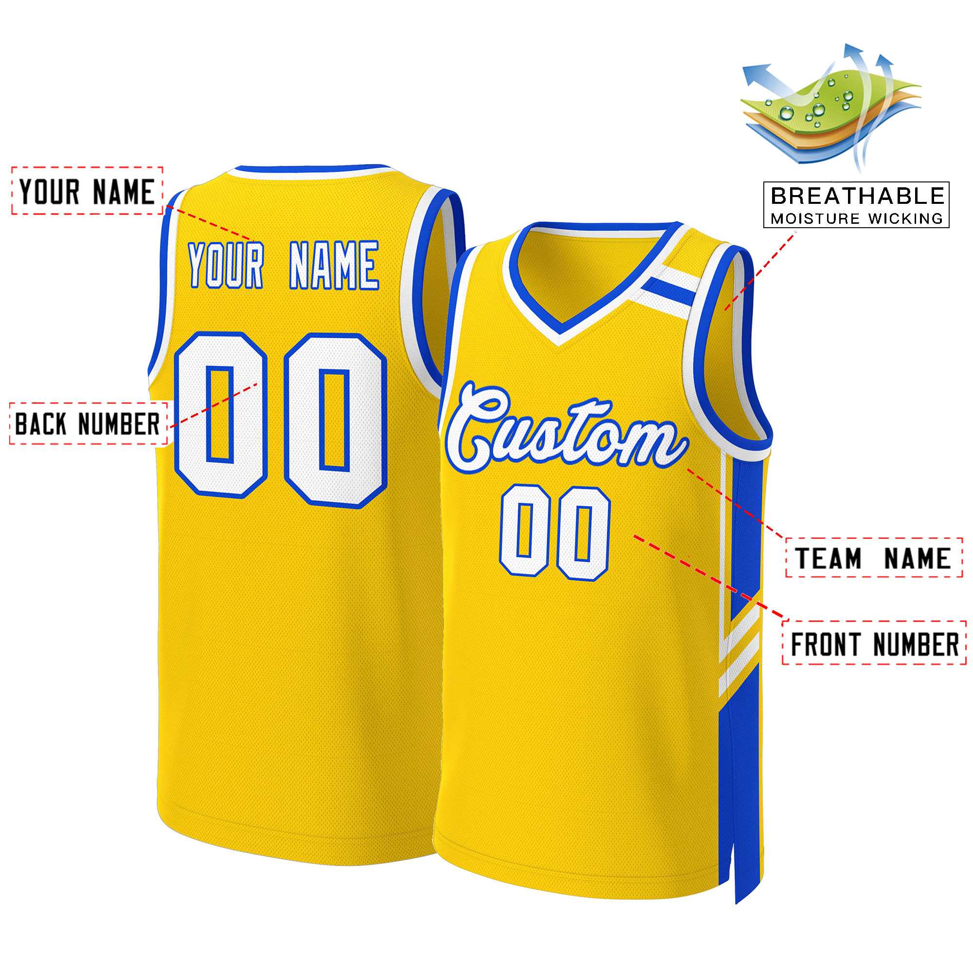 Maillot de basket-ball classique Royal blanc doré personnalisé en maille