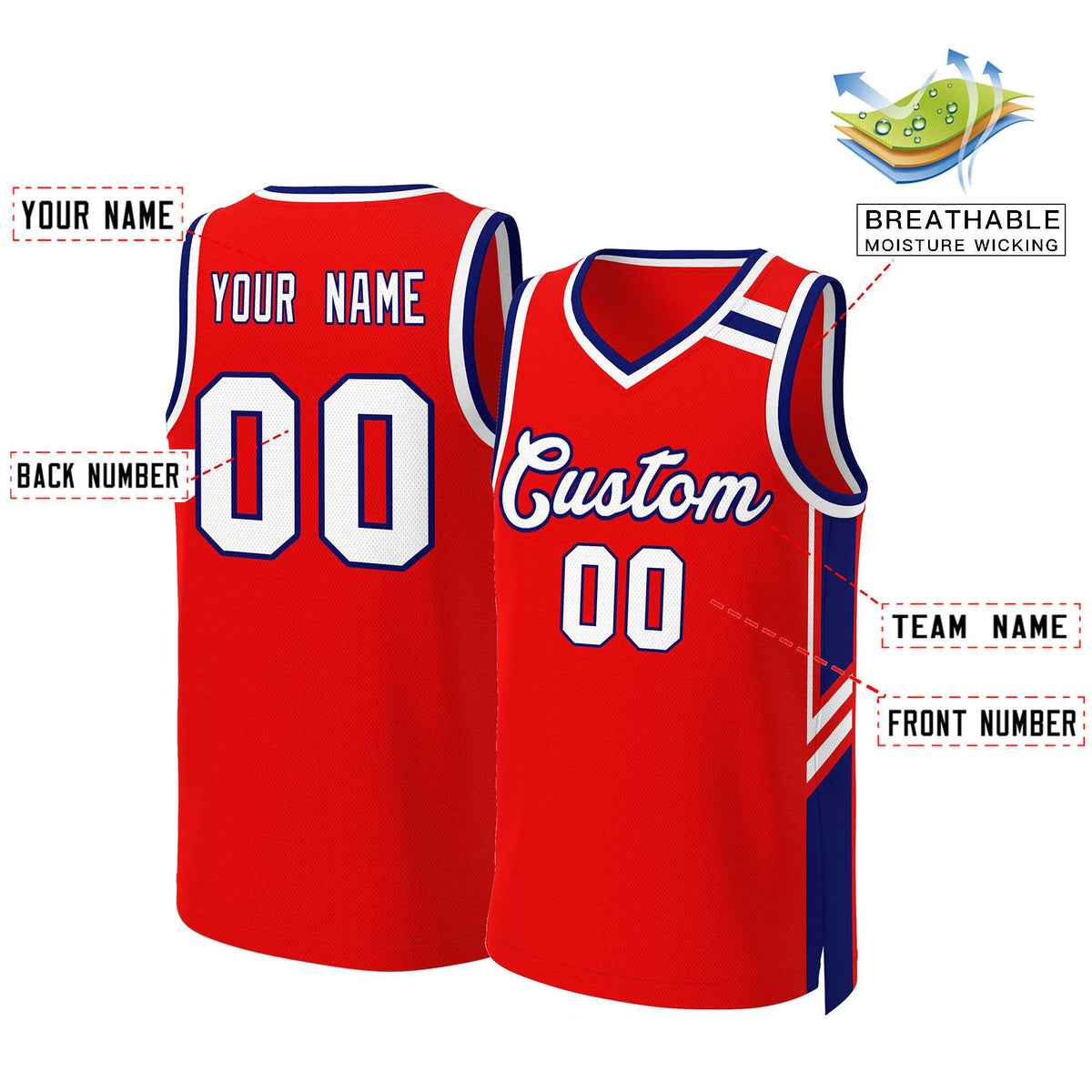 Maillot de basket-ball classique personnalisé rouge, blanc et bleu marine