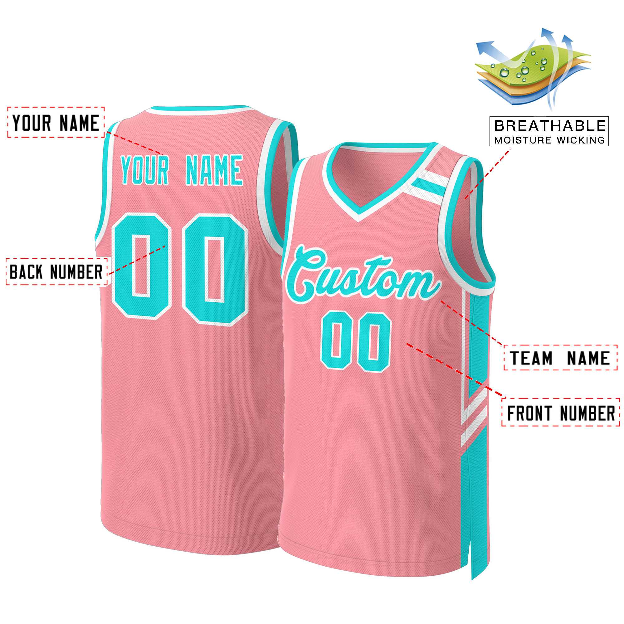 Benutzerdefinierte Hellrosa Aqua Weiß Klassische Tops Mesh Basketball Jersey