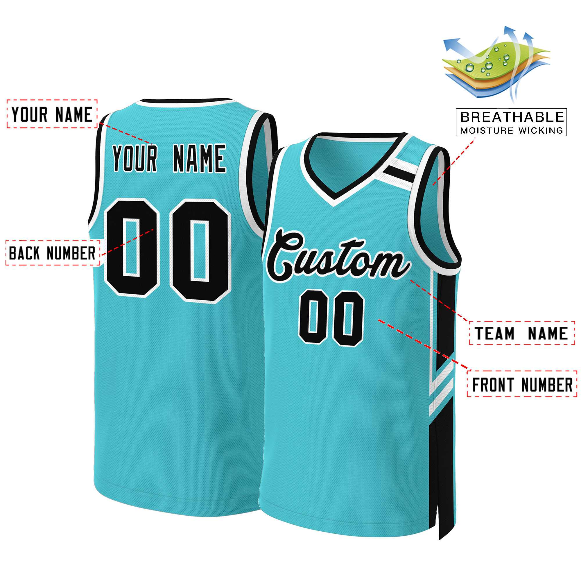 Benutzerdefinierte Teal Schwarz Weiß Klassische Tops Mesh Basketball Jersey