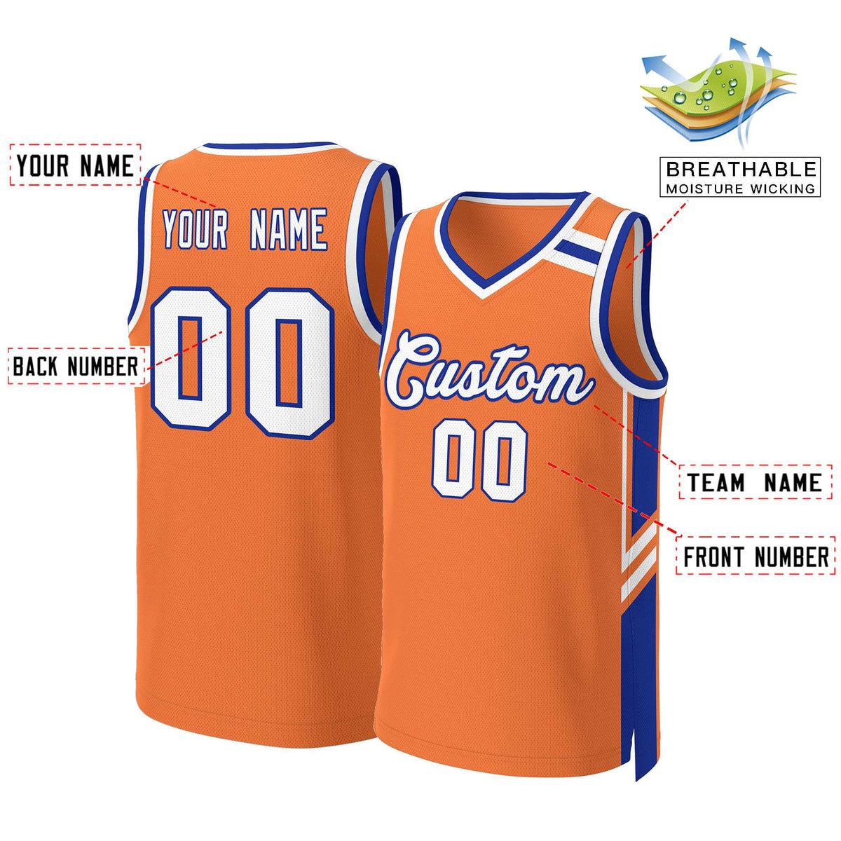 Benutzerdefinierte Orange Weiß Royal Classic Tops Mesh Basketball Jersey