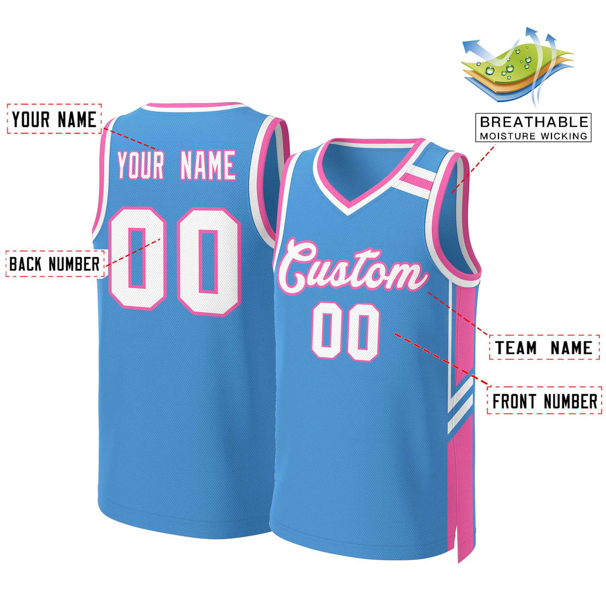 Maillot de basket-ball classique personnalisé bleu poudre, blanc, rose