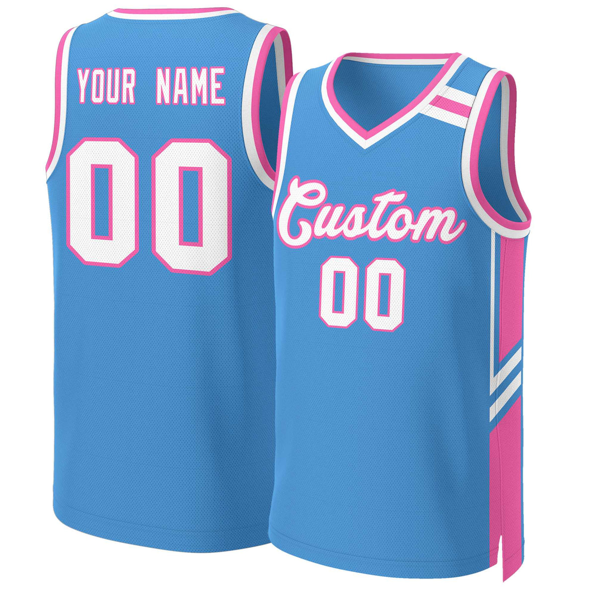 Maillot de basket-ball classique personnalisé bleu poudre, blanc, rose