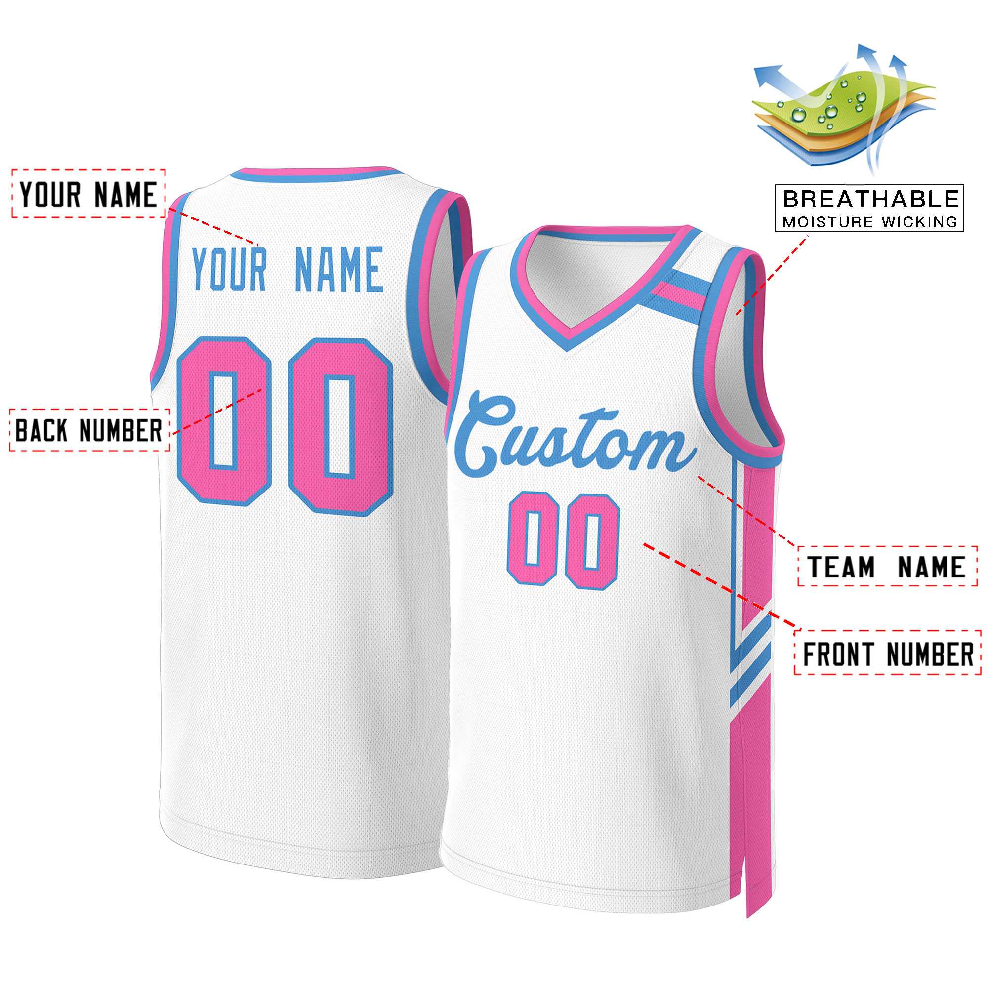 Maillot de basket-ball classique bleu poudre blanc personnalisé en maille