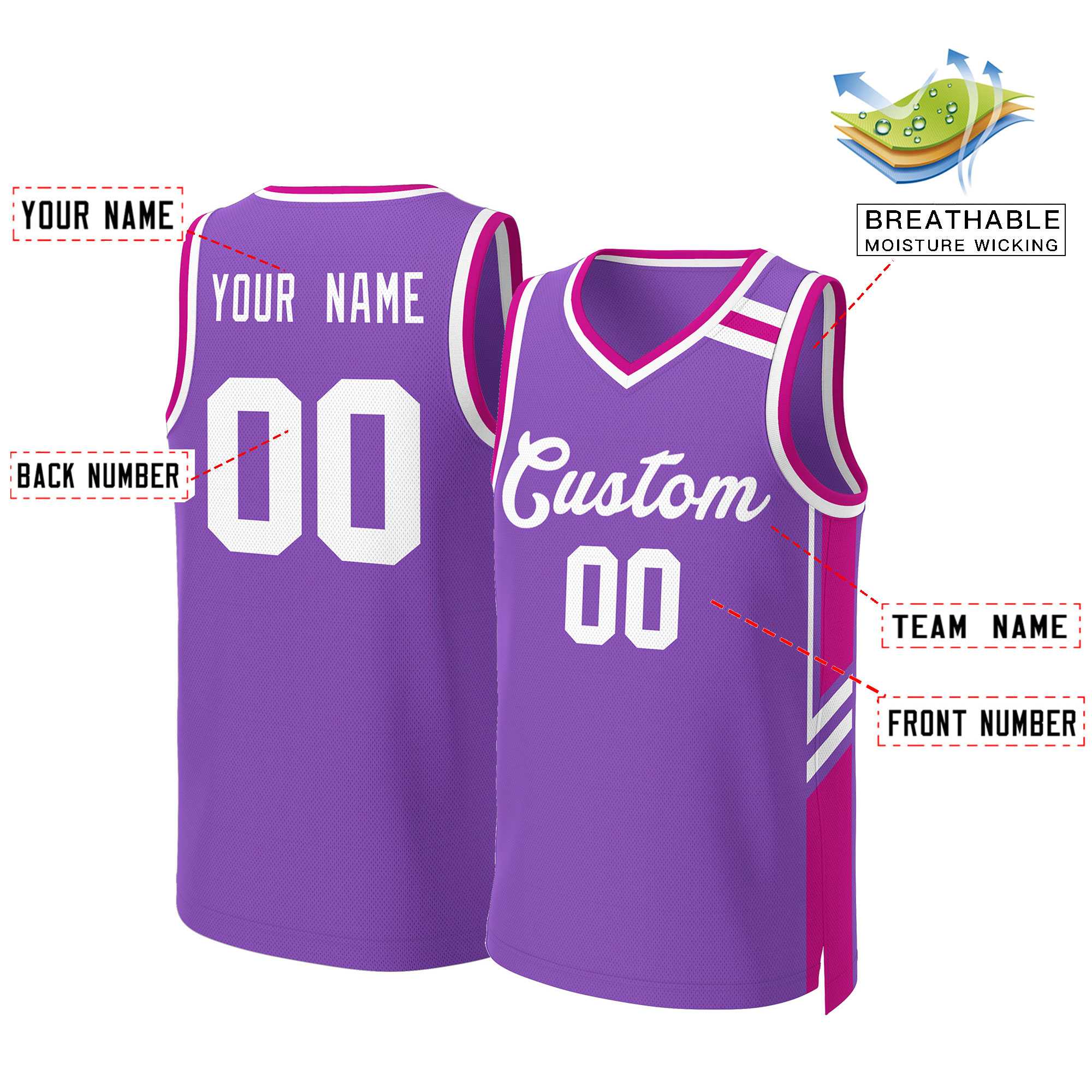 Maillot de basket-ball classique violet et blanc personnalisé en maille
