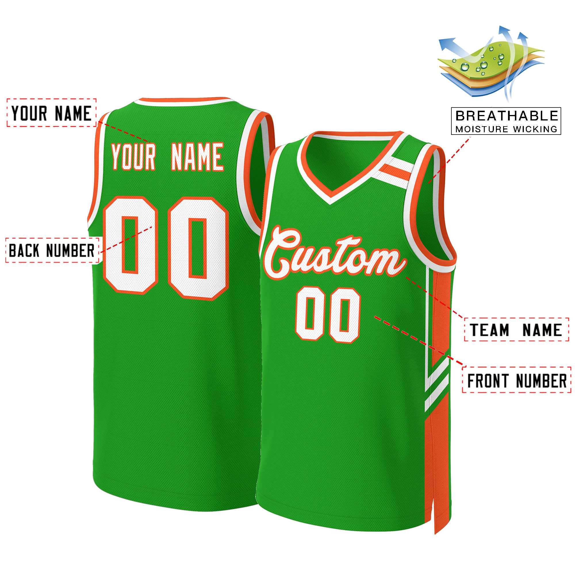 Maillot de basket-ball classique personnalisé vert orange blanc en maille