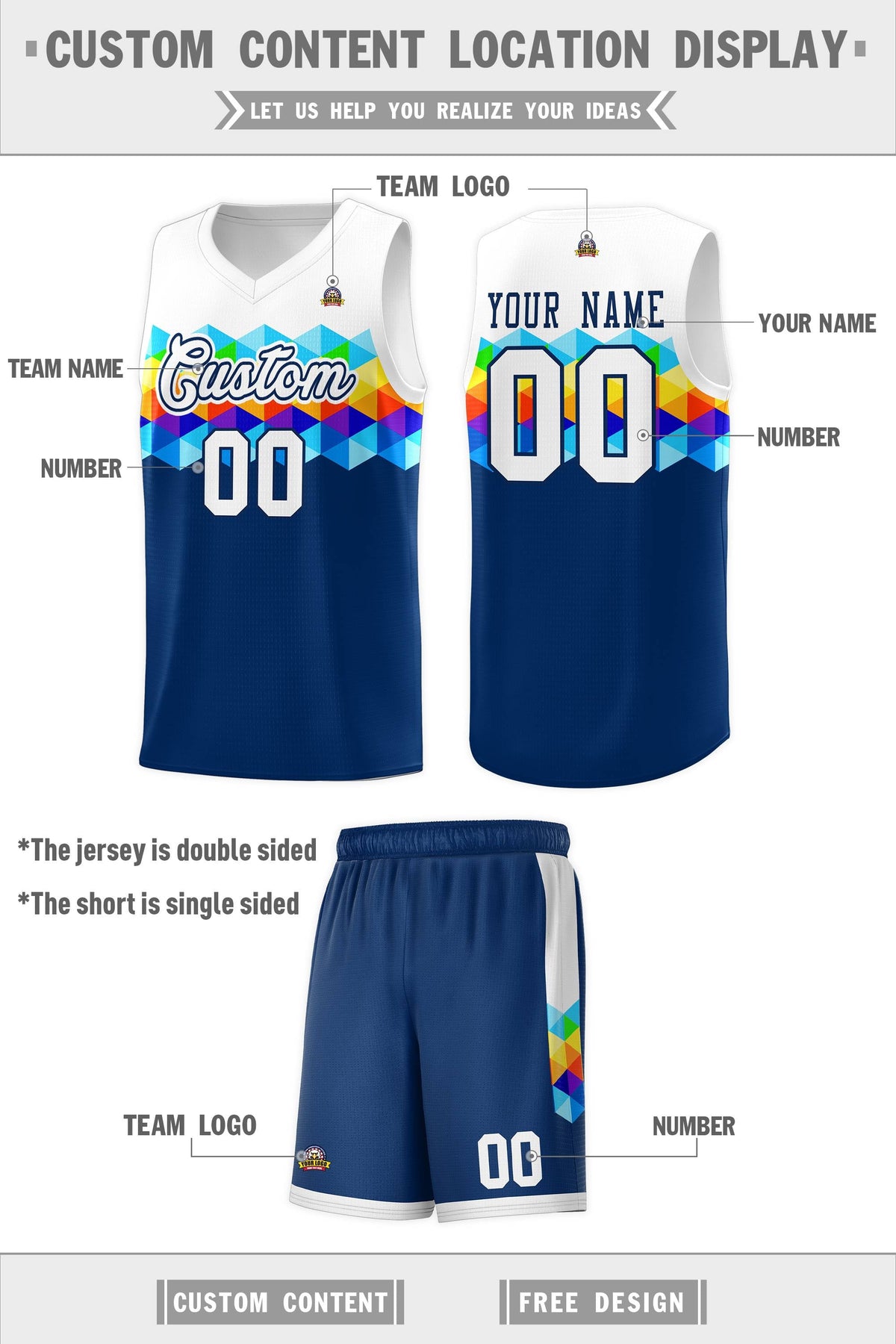 Custom White Navy-White Personalized Colorful Basketball Jersey Kits