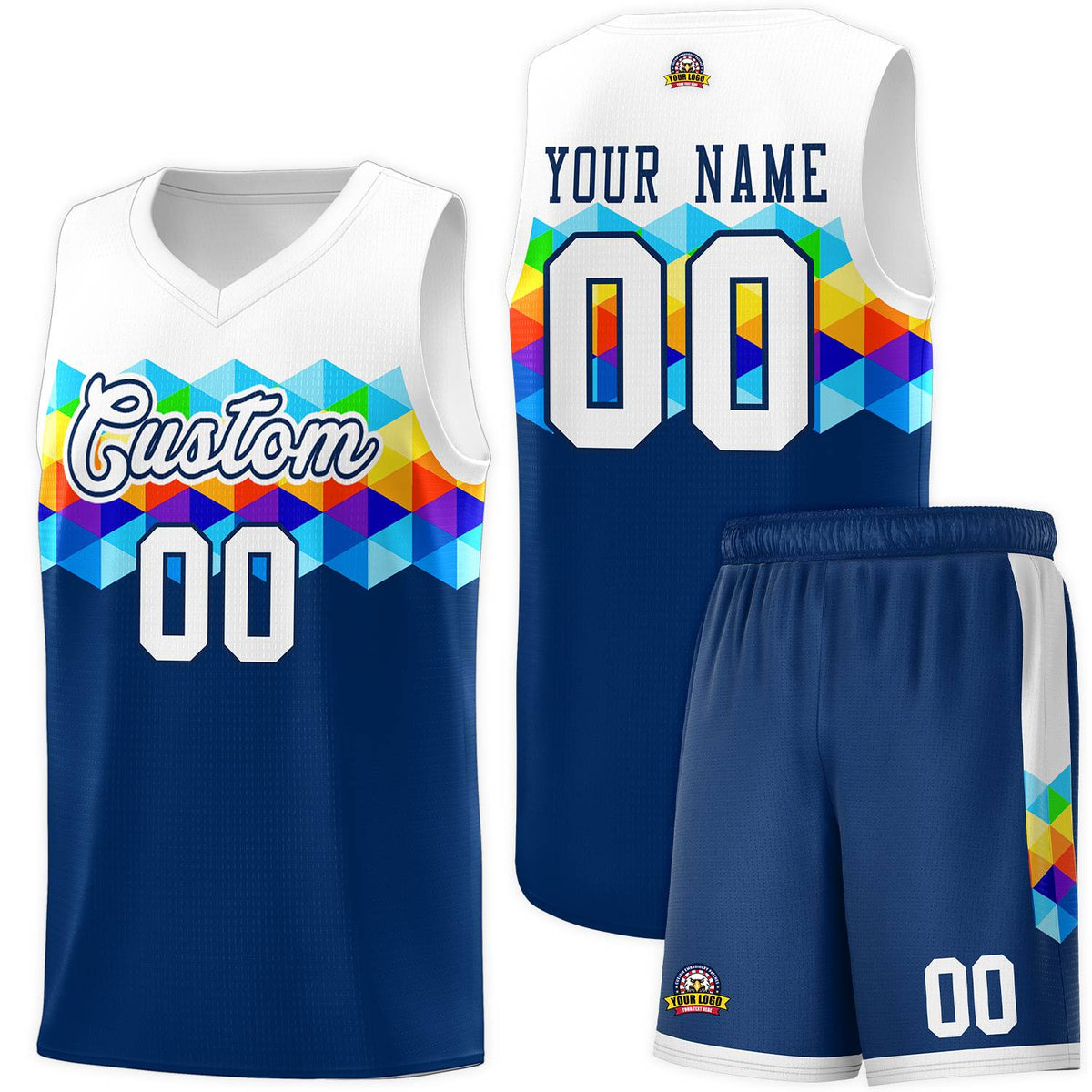 Custom White Navy-White Personalized Colorful Basketball Jersey Kits