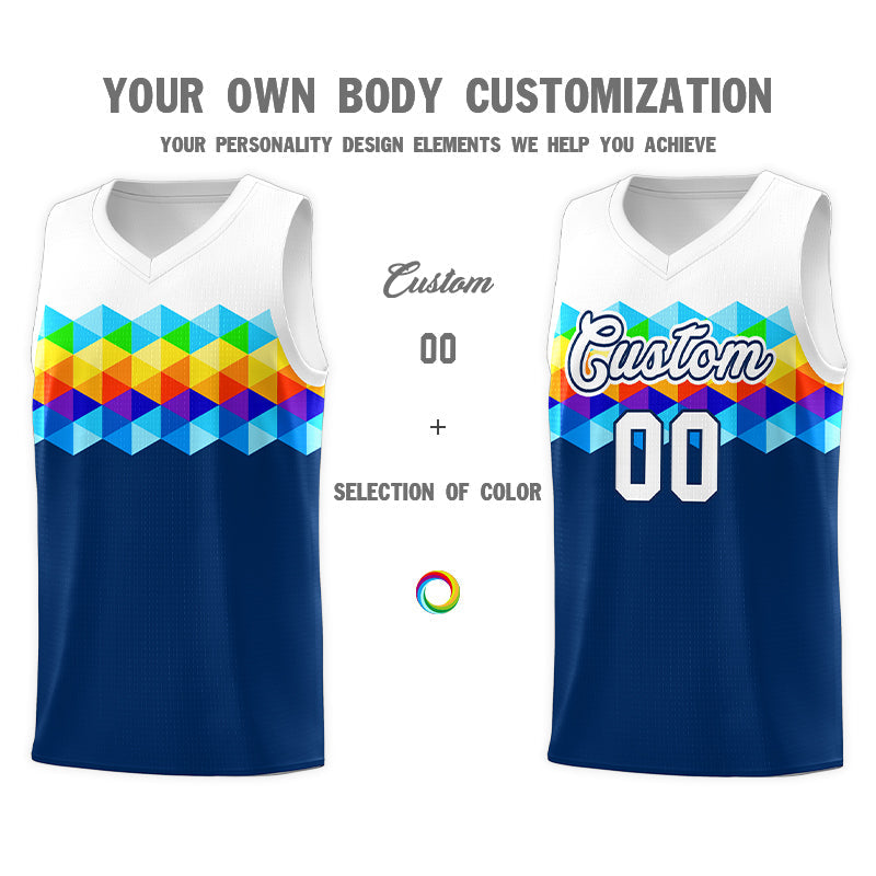 Custom White Navy-White Personalized Colorful Basketball Jersey Kits