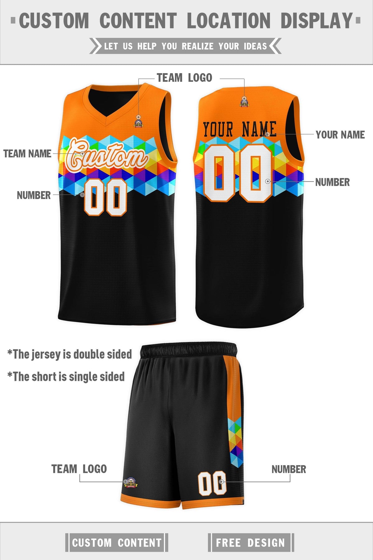 Custom Orange Black-White Personalized Colorful Basketball Jersey Kits