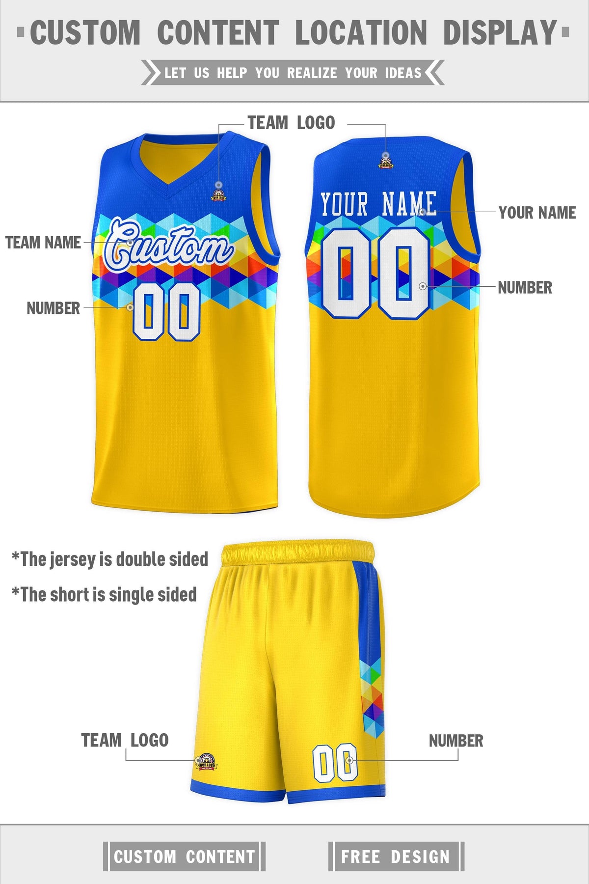 Custom Royal Gold-White Personalized Colorful Basketball Jersey Kits