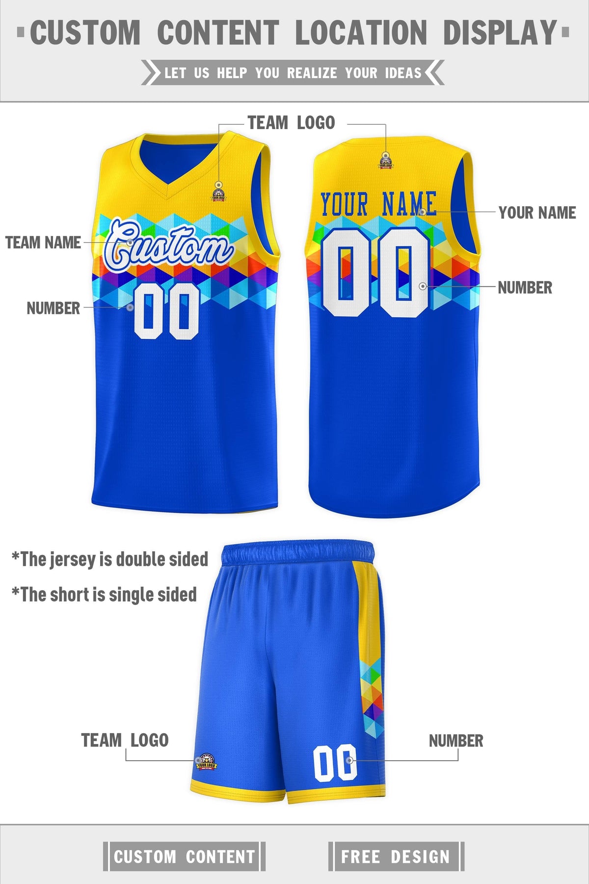 Custom Gold Royal-White Personalized Colorful Basketball Jersey Kits