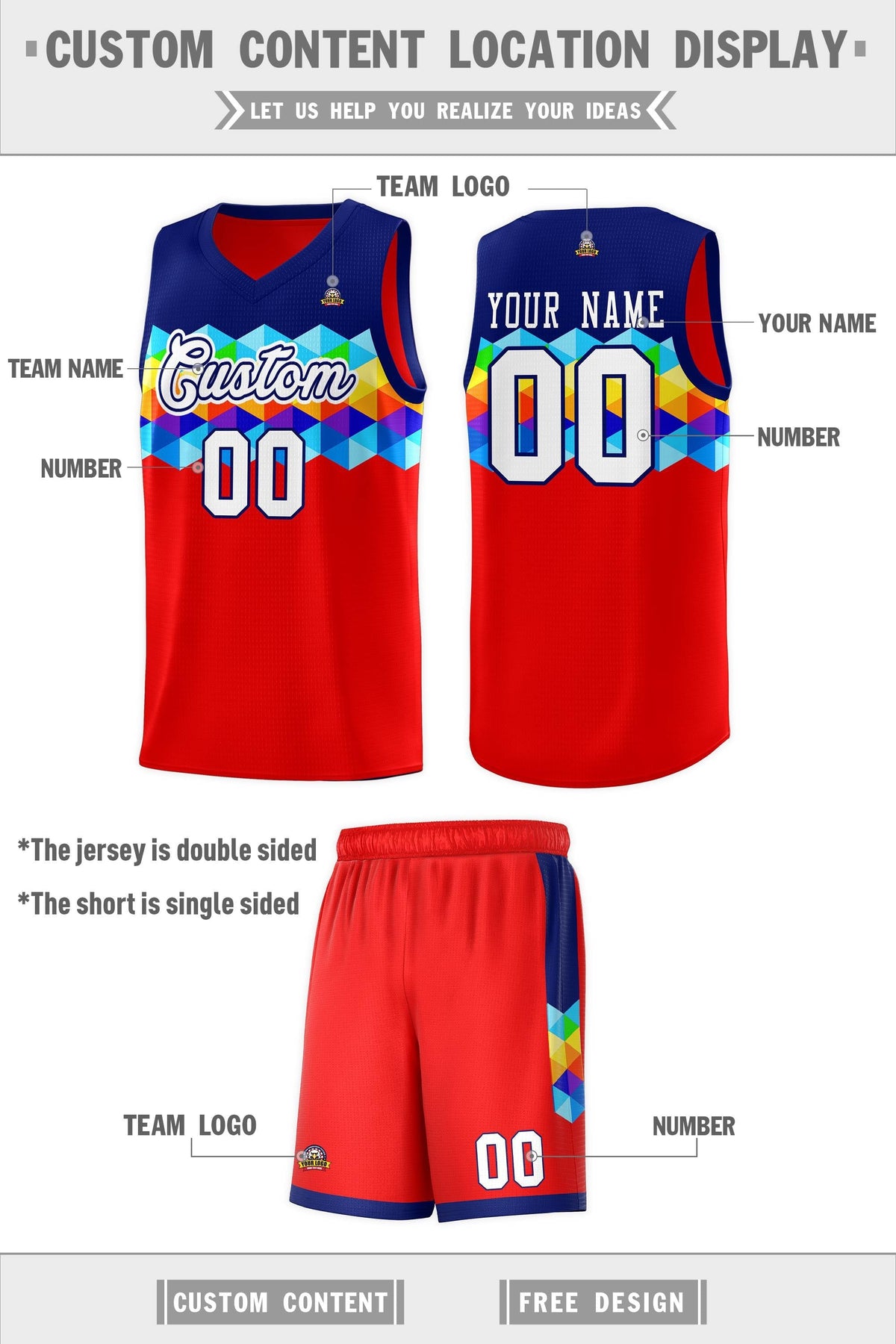 Custom Navy Red-White Personalized Colorful Basketball Jersey Kits