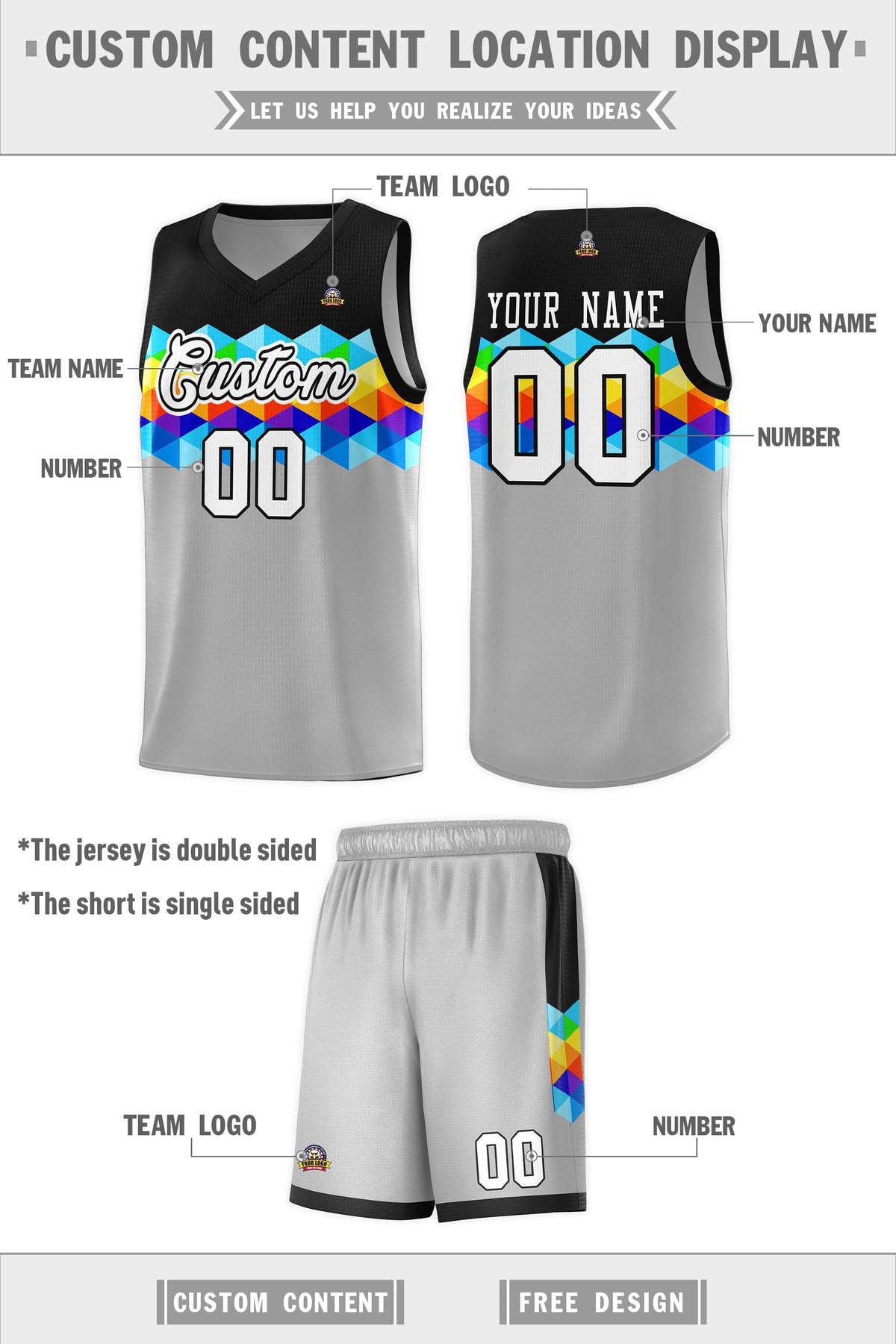 Custom Black Gray-White Personalized Colorful Basketball Jersey Kits