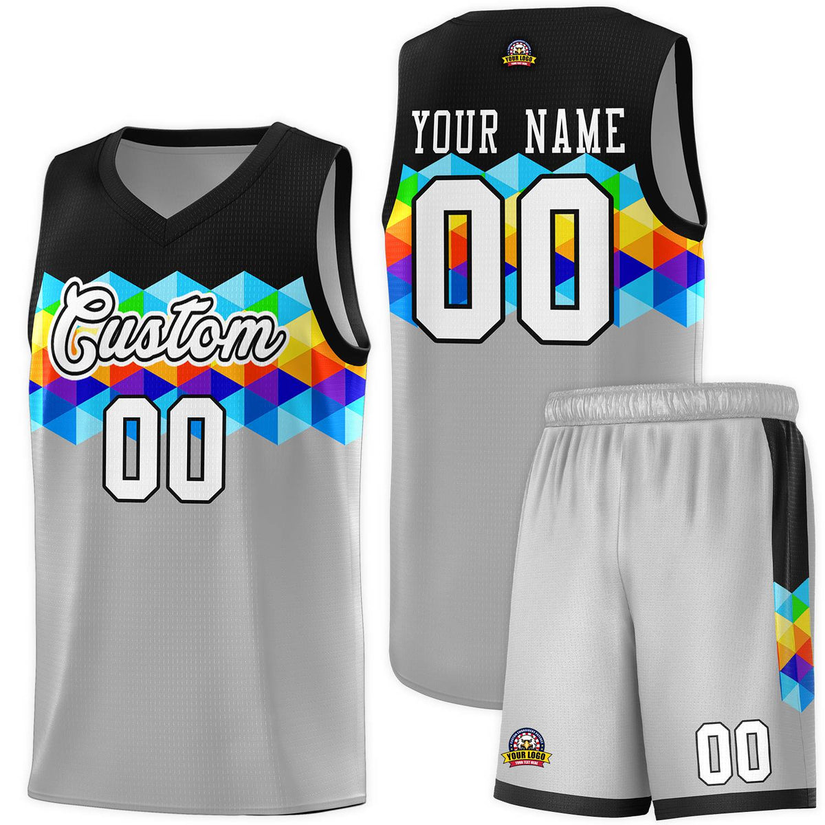 Custom Black Gray-White Personalized Colorful Basketball Jersey Kits