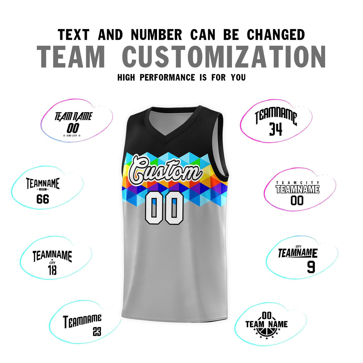 Custom Black Gray-White Personalized Colorful Basketball Jersey Kits