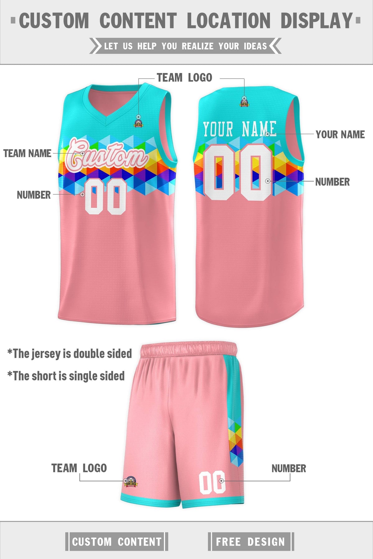 Custom Aqua Pink-White Personalized Colorful Basketball Jersey Kits