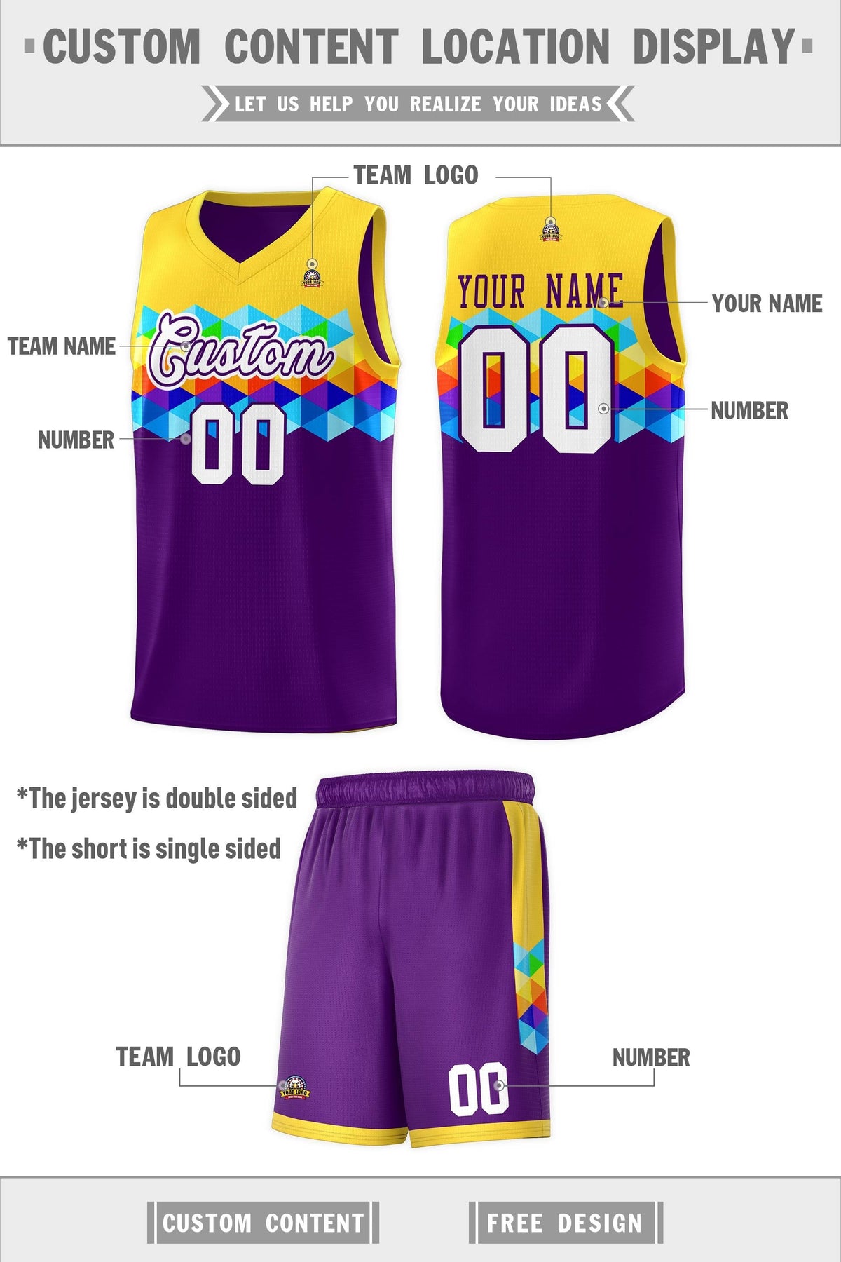 Custom Gold Purple-White Personalized Colorful Basketball Jersey Kits