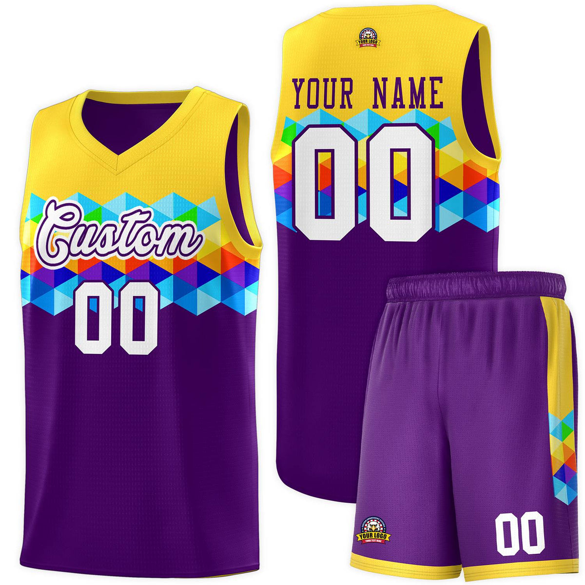 Custom Gold Purple-White Personalized Colorful Basketball Jersey Kits
