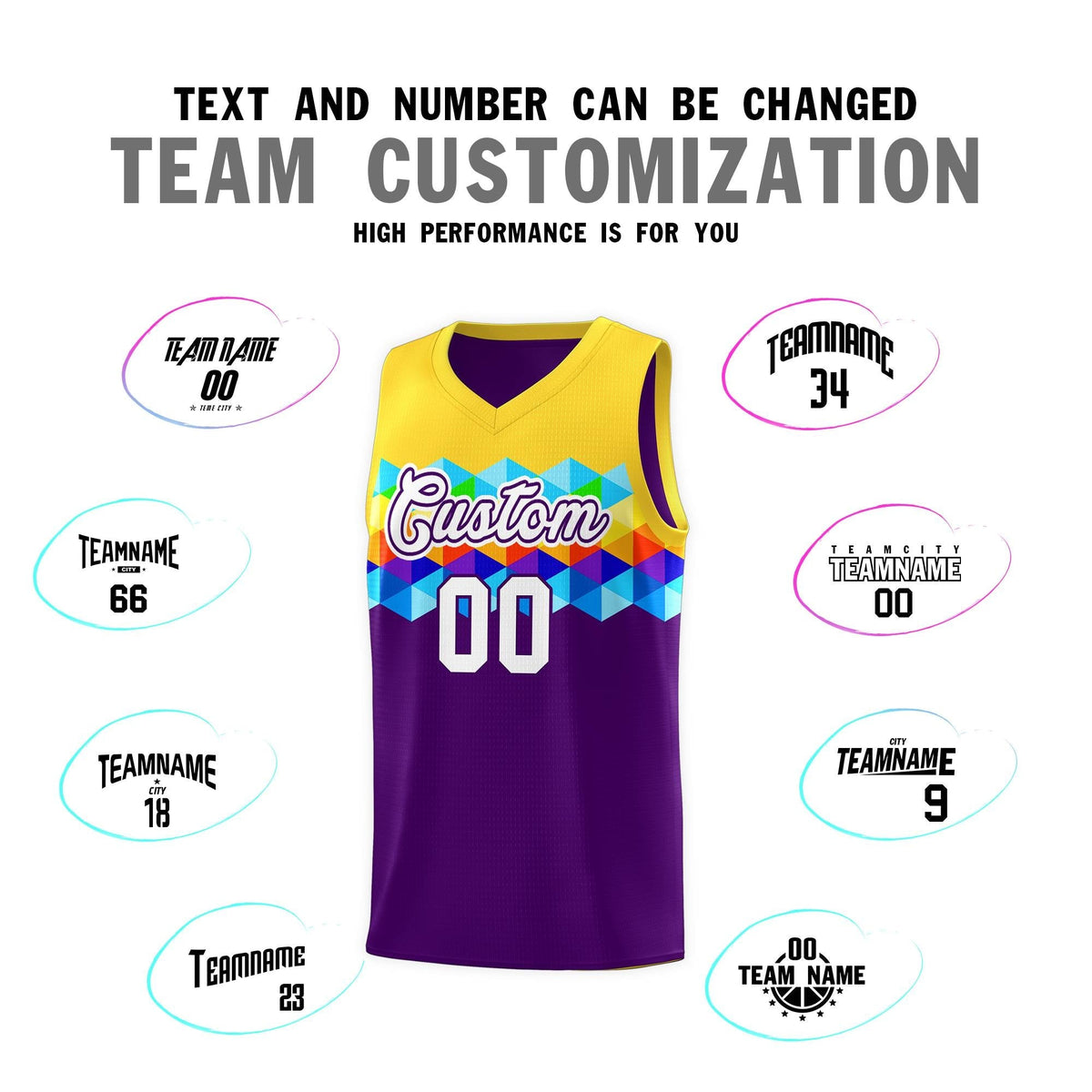 Custom Gold Purple-White Personalized Colorful Basketball Jersey Kits