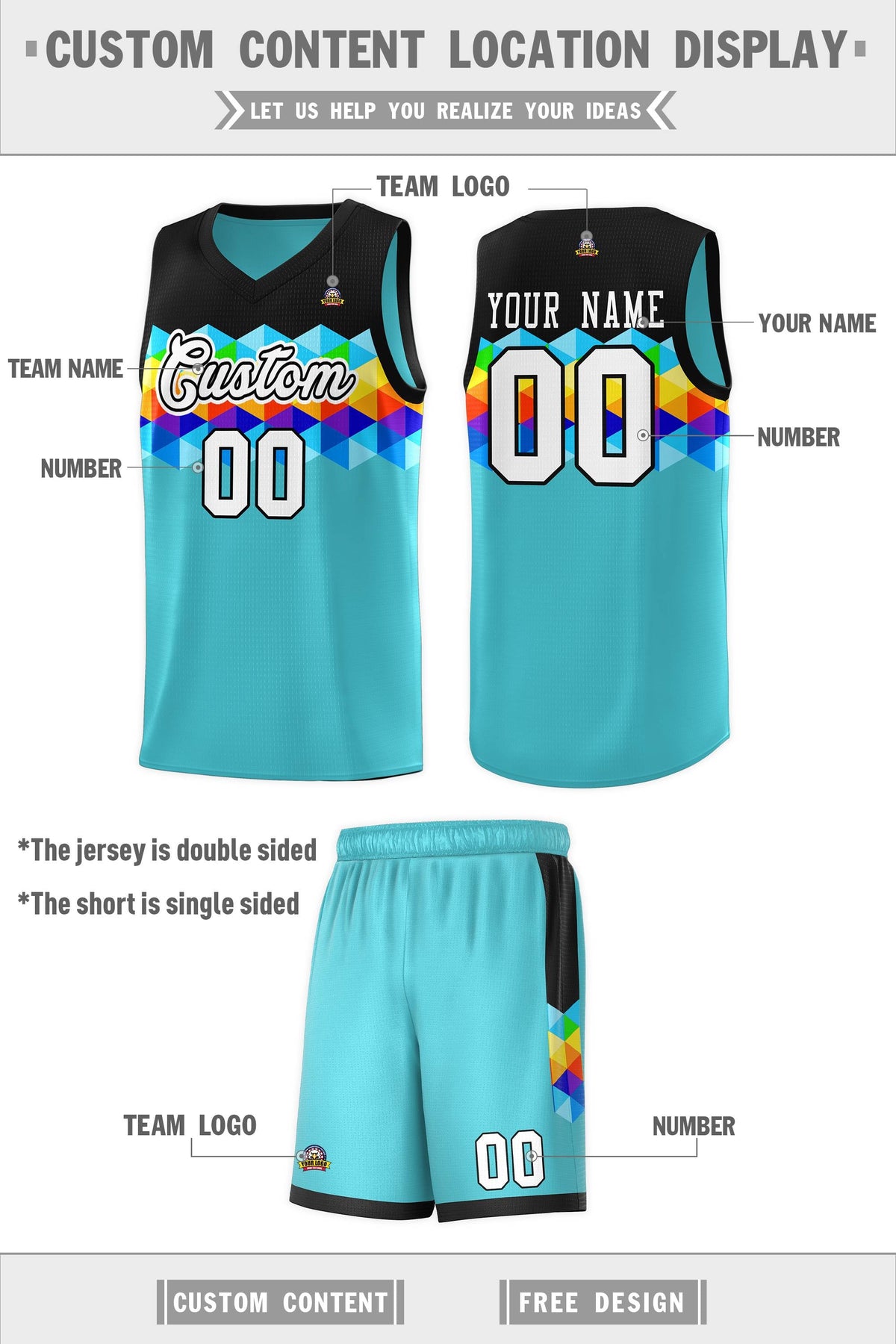 Custom Black Aqua-White Personalized Colorful Basketball Jersey Kits