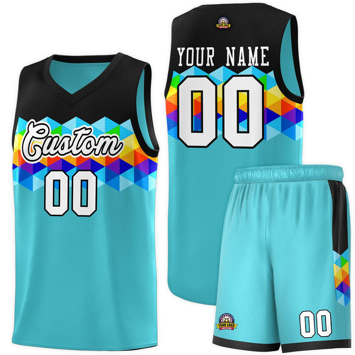 Custom Black Aqua-White Personalized Colorful Basketball Jersey Kits