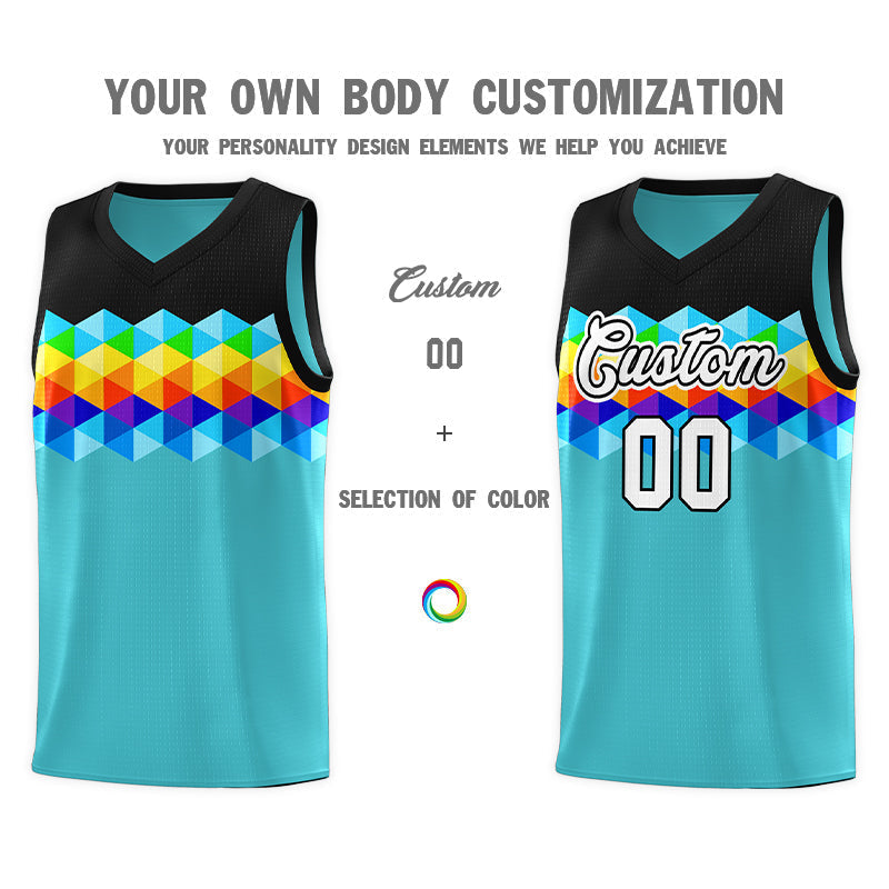 Custom Black Aqua-White Personalized Colorful Basketball Jersey Kits