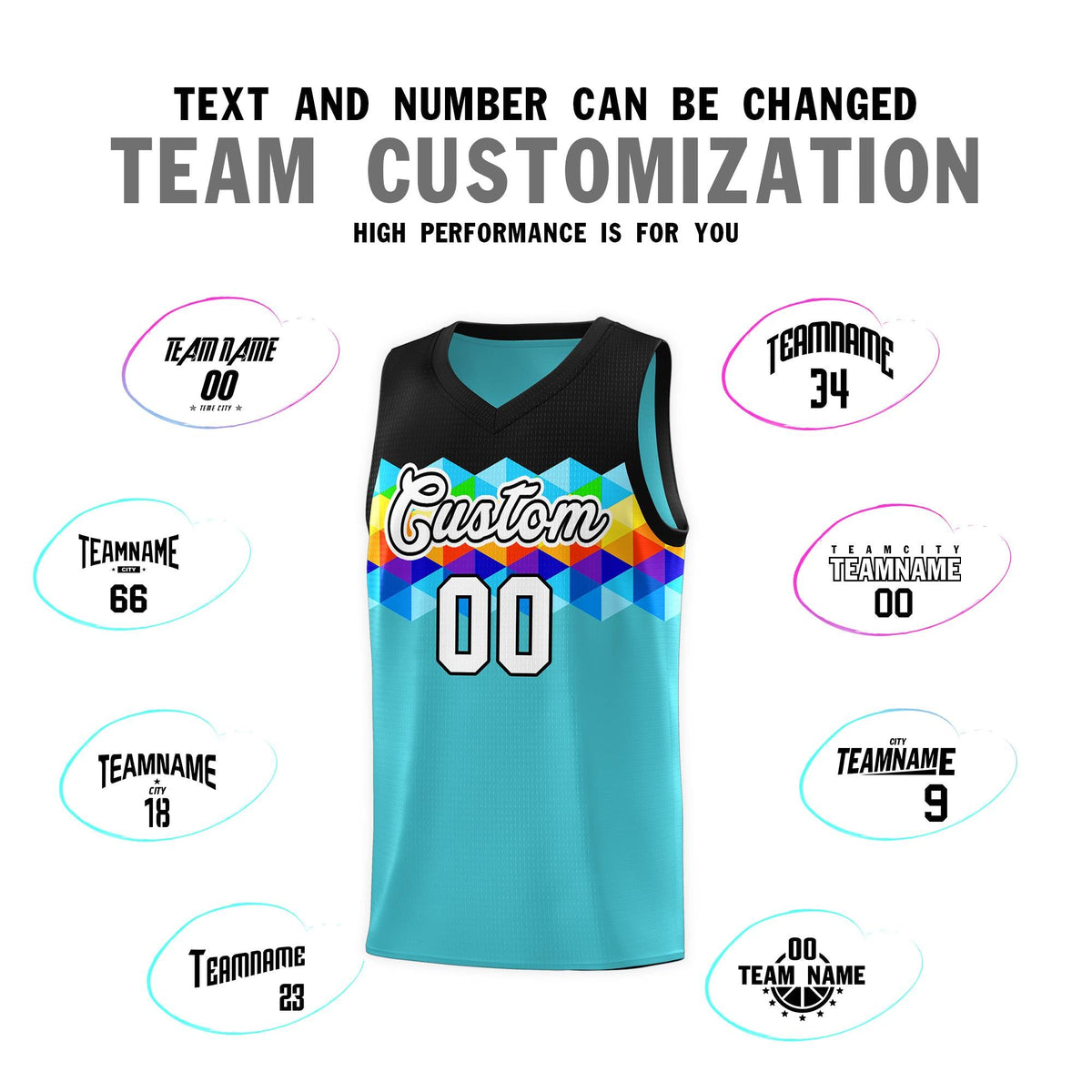Custom Black Aqua-White Personalized Colorful Basketball Jersey Kits
